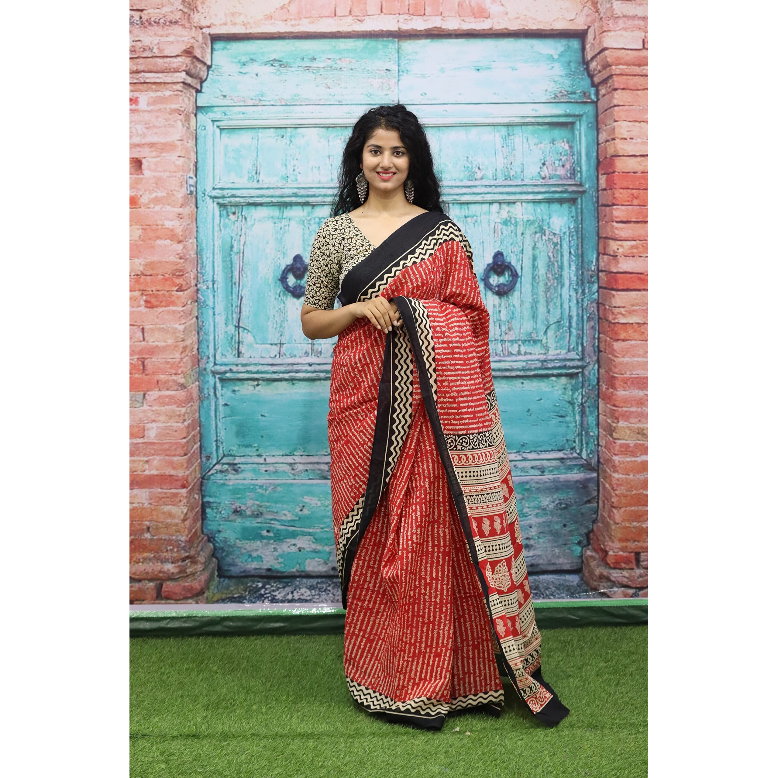 JALTHER Handicrafts Womens Ikat Hand Block Print Jaipuri Cotton Mulmul Saree with Blouse Piece - Red_171