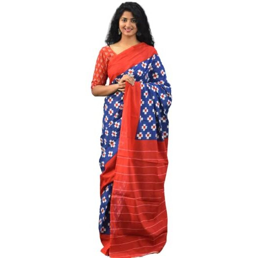 JALTHER Handicrafts Womens Ikat Hand Block Print Jaipuri Cotton Mulmul Saree with Blouse Piece - Blue_40