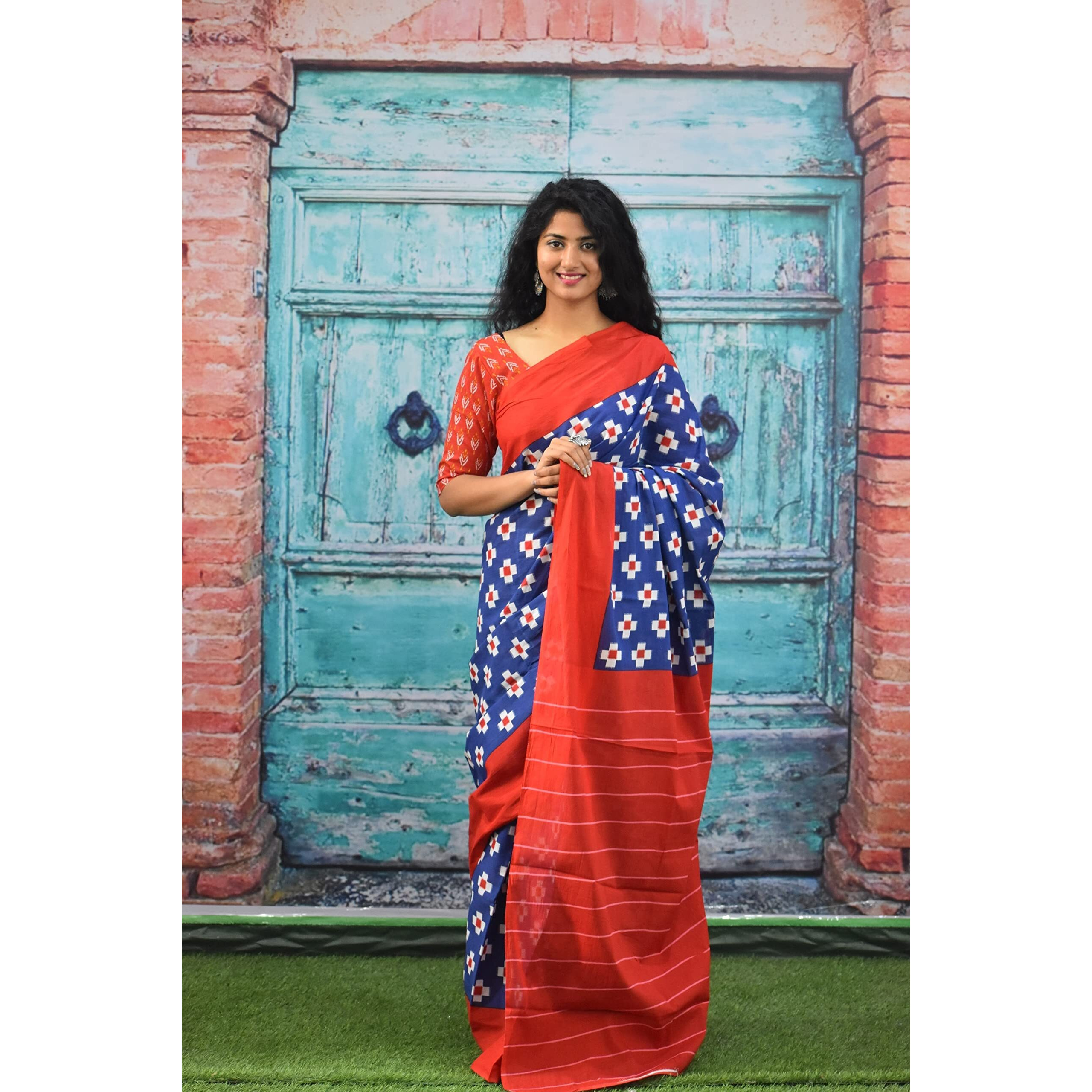 JALTHER Handicrafts Womens Ikat Hand Block Print Jaipuri Cotton Mulmul Saree with Blouse Piece - Blue_40