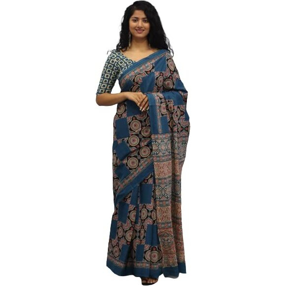 JALTHER Handicrafts Womens Ikat Hand Block Print Jaipuri Cotton Mulmul Saree with Blouse Piece - Multi_456