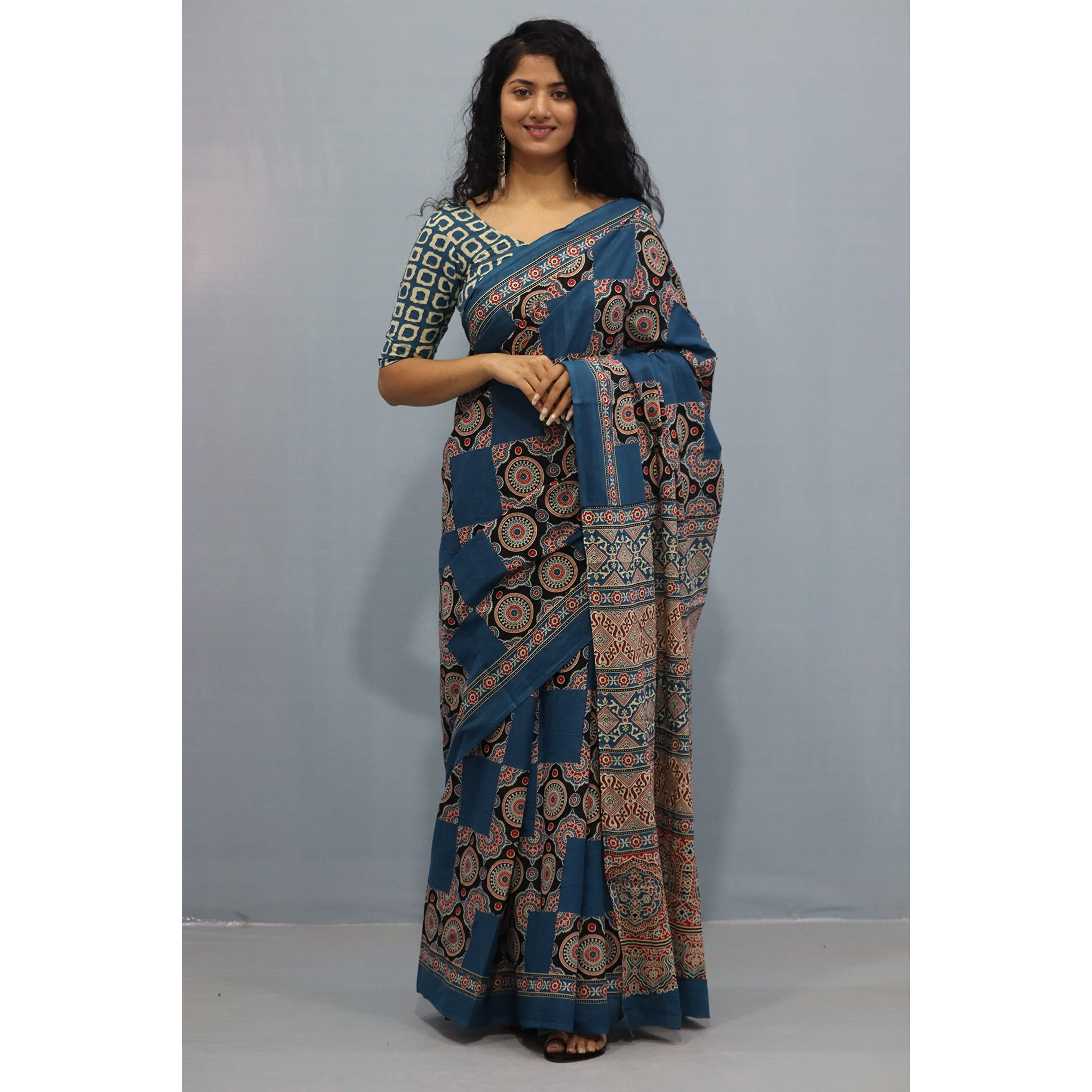 JALTHER Handicrafts Womens Ikat Hand Block Print Jaipuri Cotton Mulmul Saree with Blouse Piece - Multi_456