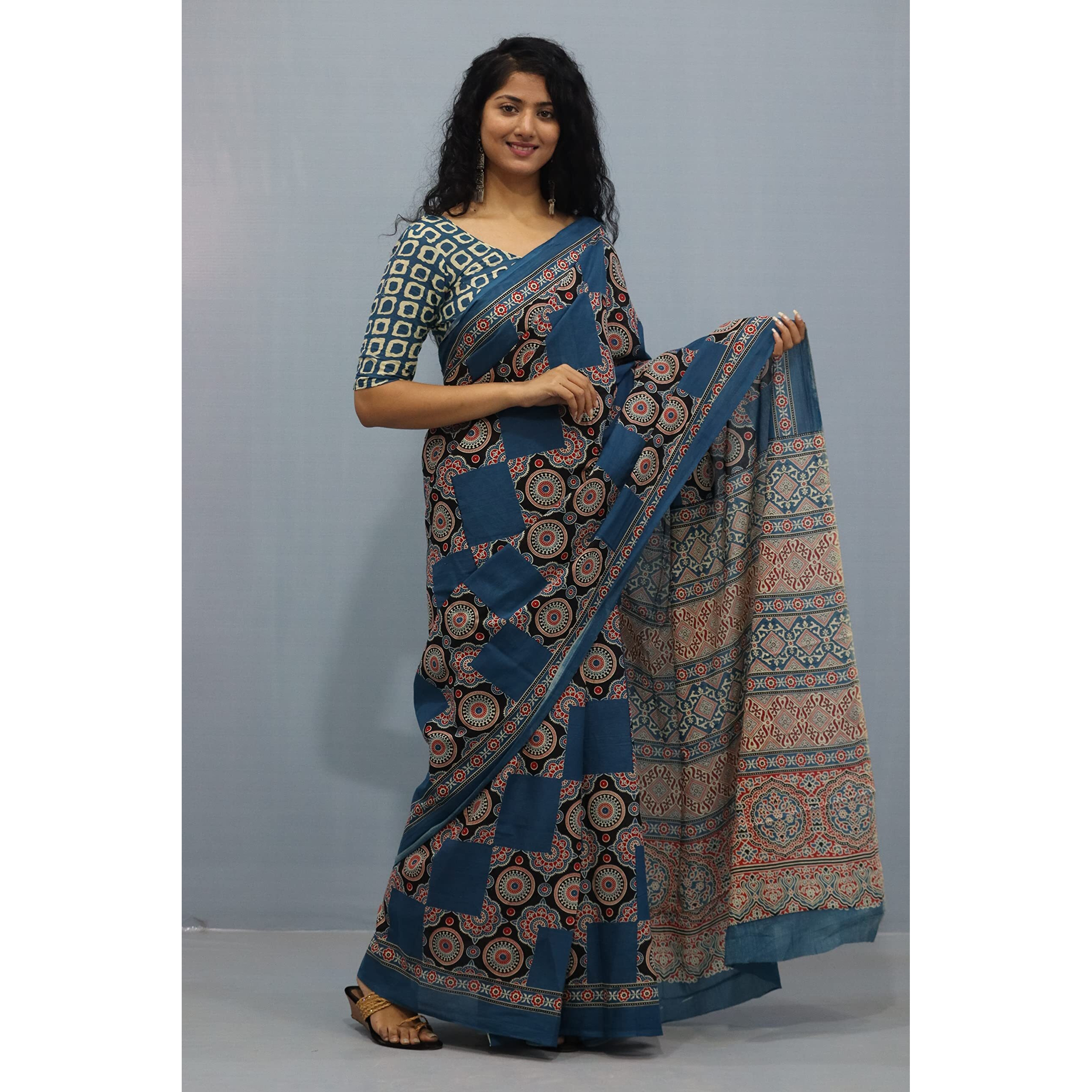 JALTHER Handicrafts Womens Ikat Hand Block Print Jaipuri Cotton Mulmul Saree with Blouse Piece - Multi_456