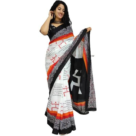 JALTHER Handicrafts Womens Ikat Hand Block Print Jaipuri Cotton Mulmul Saree with Blouse Piece - White_169