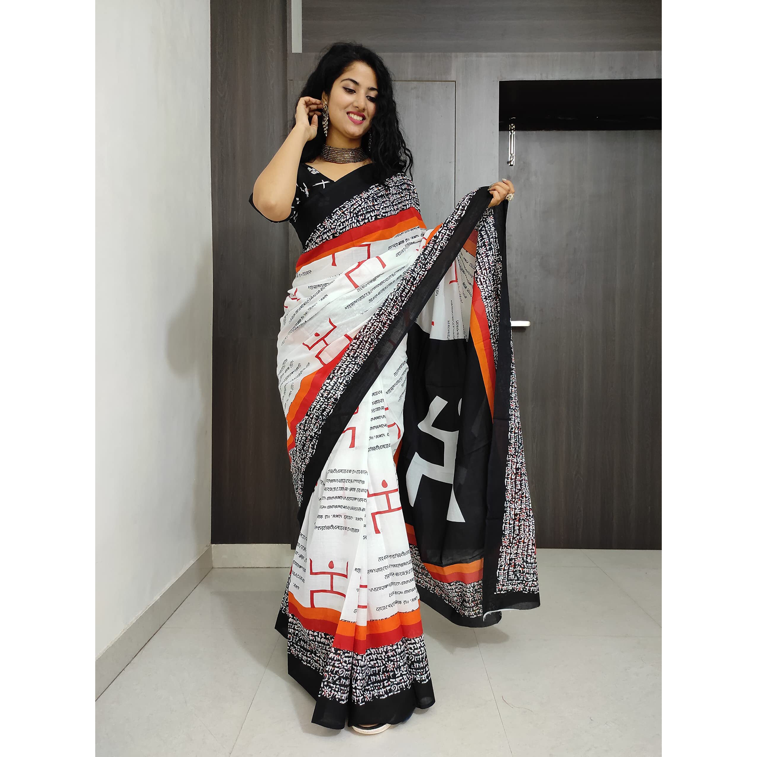 JALTHER Handicrafts Womens Ikat Hand Block Print Jaipuri Cotton Mulmul Saree with Blouse Piece - White_169