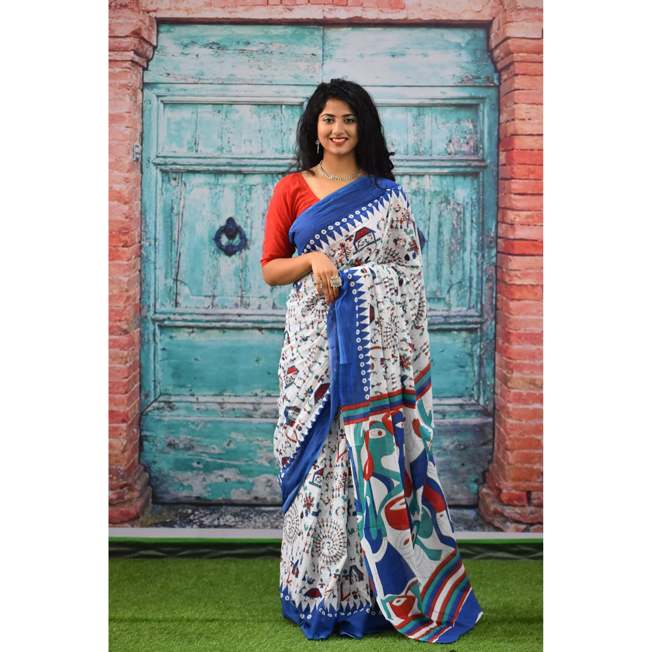 JALTHER Handicrafts Womens Ikat Hand Block Print Jaipuri Cotton Mulmul Saree with Blouse Piece - Blue_162