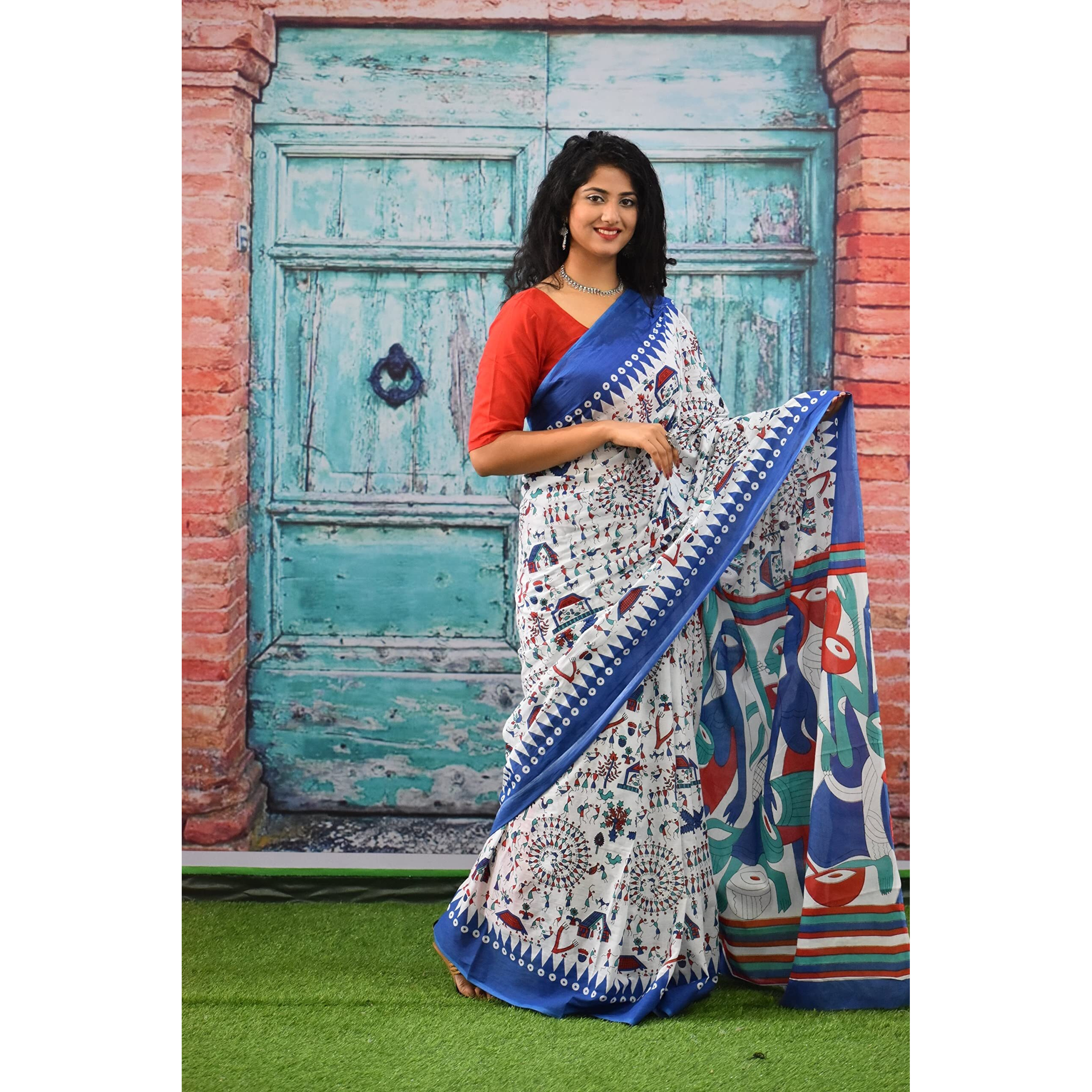 JALTHER Handicrafts Womens Ikat Hand Block Print Jaipuri Cotton Mulmul Saree with Blouse Piece - Blue_162