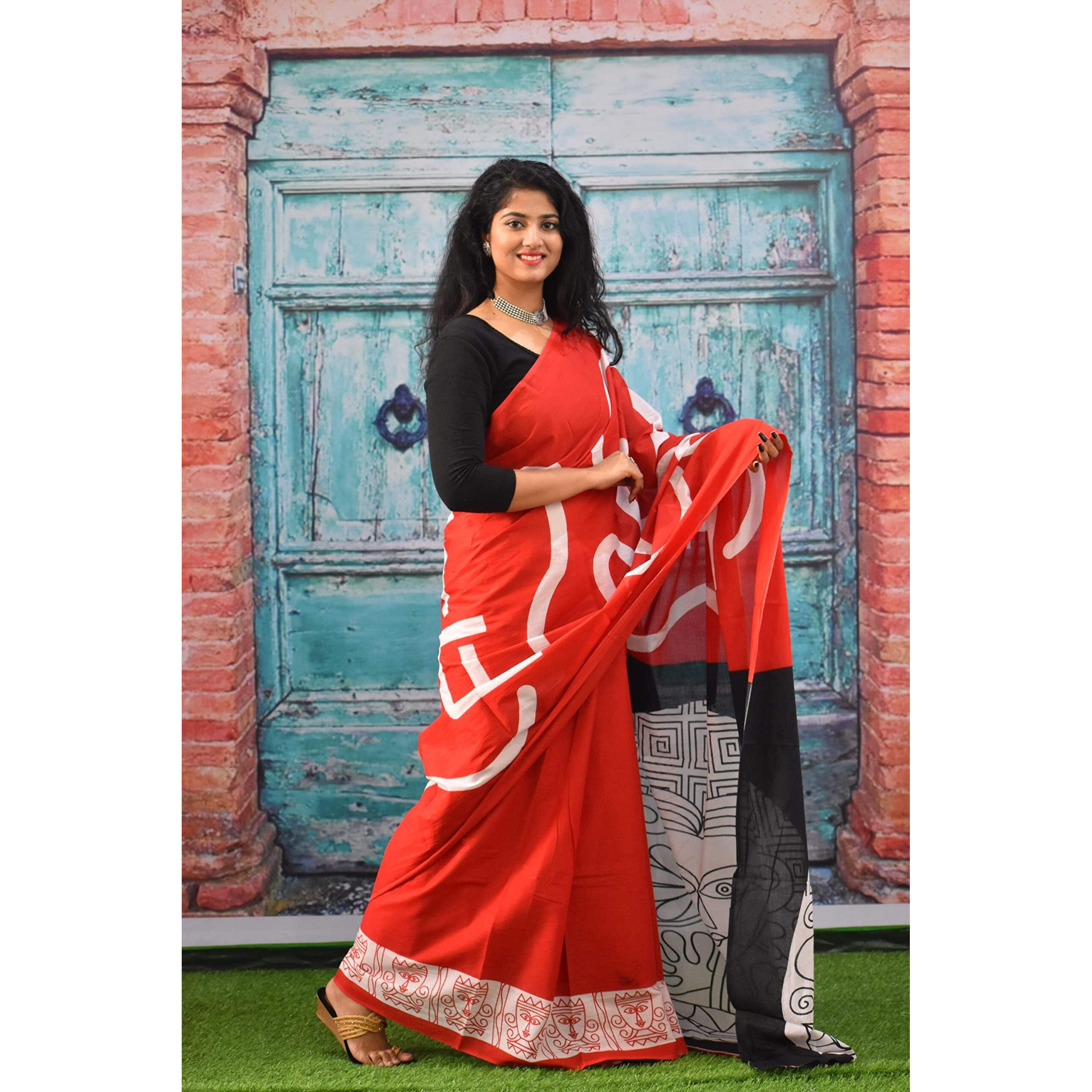 JALTHER Handicrafts Womens Ikat Hand Block Print Jaipuri Cotton Mulmul Saree with Blouse Piece - Red_161