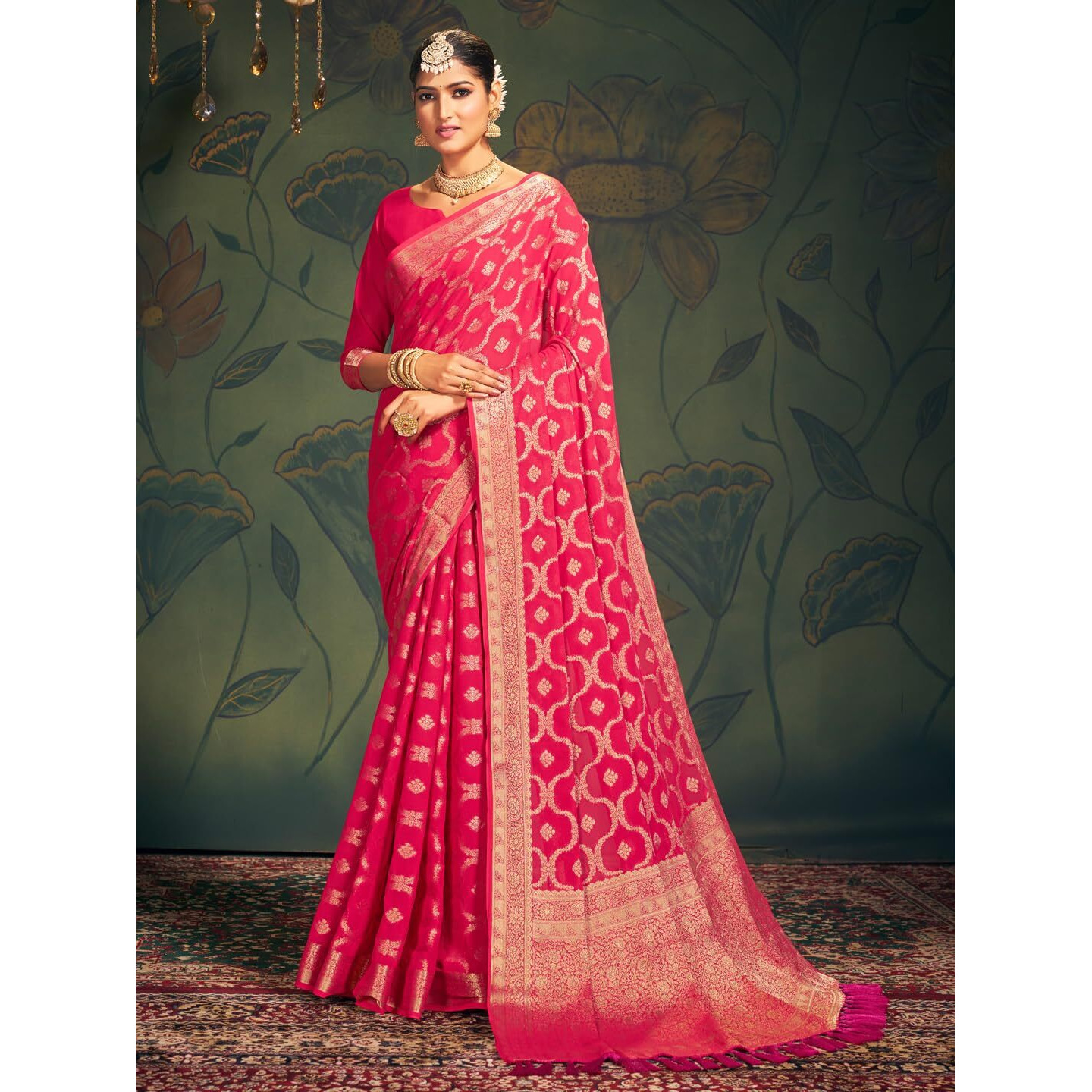 AKHILAM Womens Georgette Ethnic Motif Printed Saree With Unstitched Blouse Piece(Pink_ARYA2302_FL)