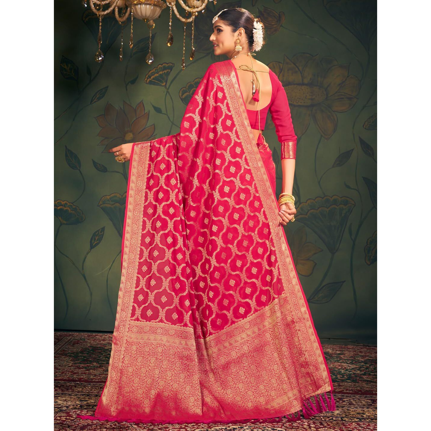 AKHILAM Womens Georgette Ethnic Motif Printed Saree With Unstitched Blouse Piece(Pink_ARYA2302_FL)