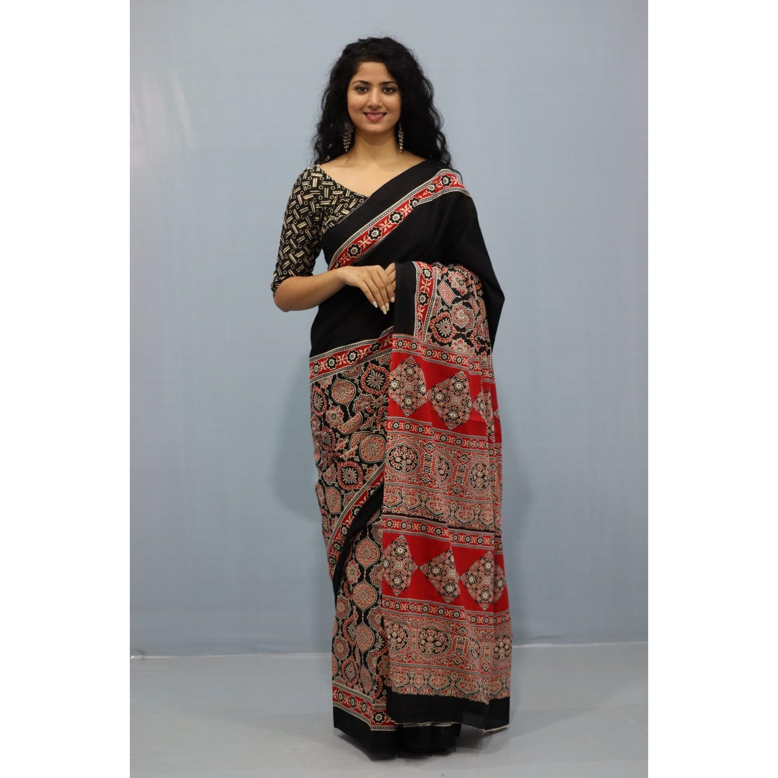JALTHER Handicrafts Womens Ikat Hand Block Print Jaipuri Cotton Mulmul Saree with Blouse Piece - _5
