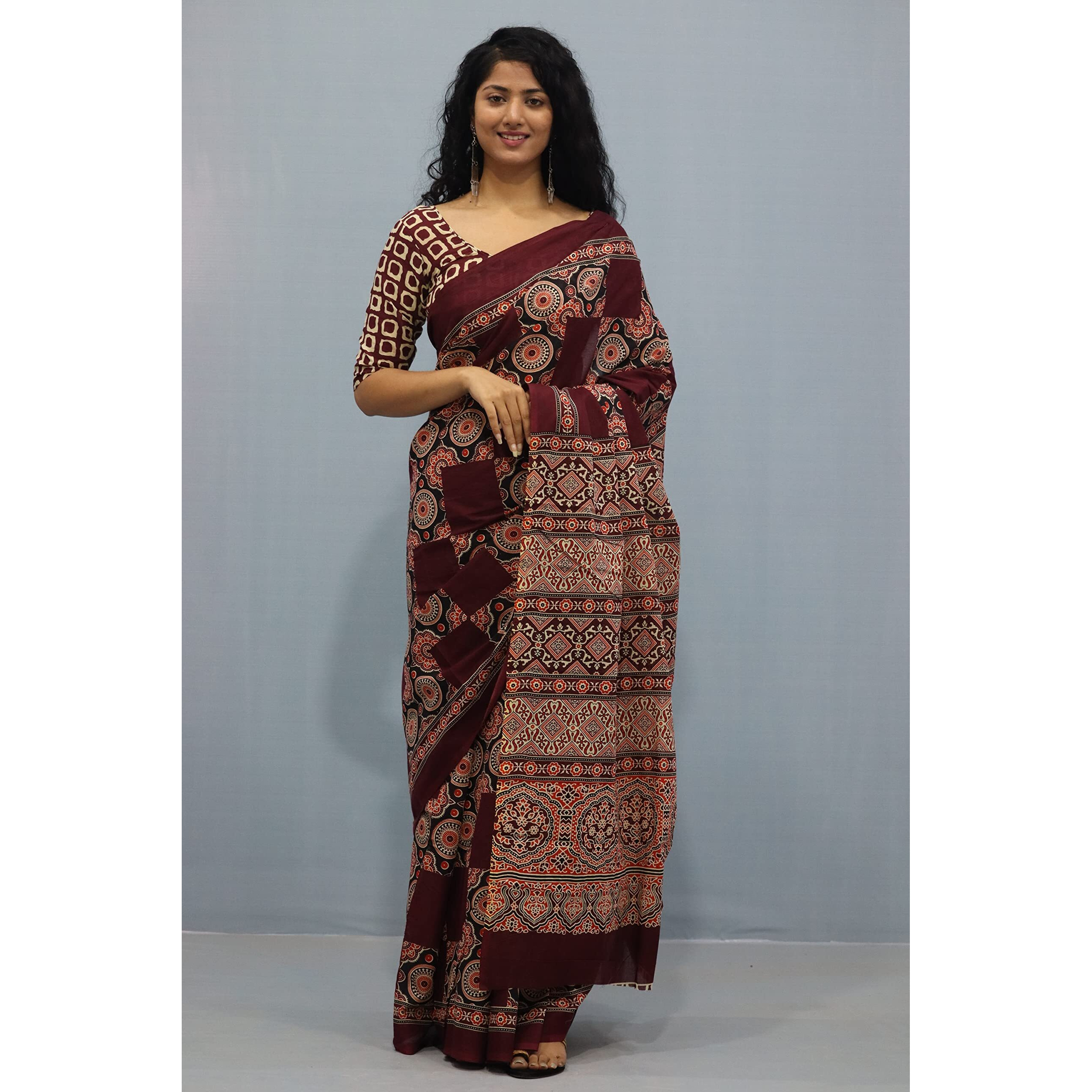 JALTHER Handicrafts Womens Ikat Hand Block Print Jaipuri Cotton Mulmul Saree with Blouse Piece - Maroon_451