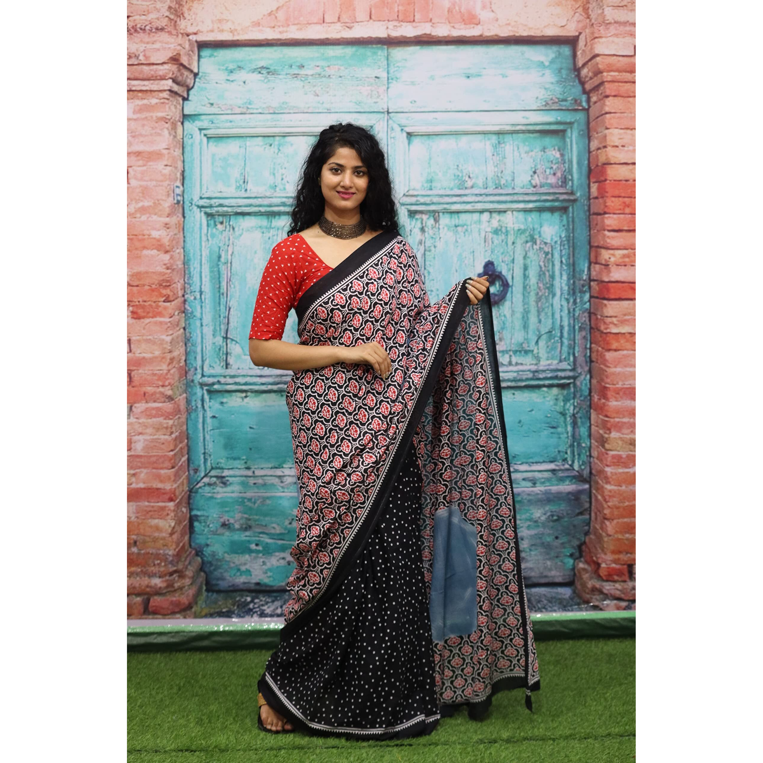 JALTHER Handicrafts Womens Ikat Hand Block Print Jaipuri Cotton Mulmul Saree with Blouse Piece - Black_446