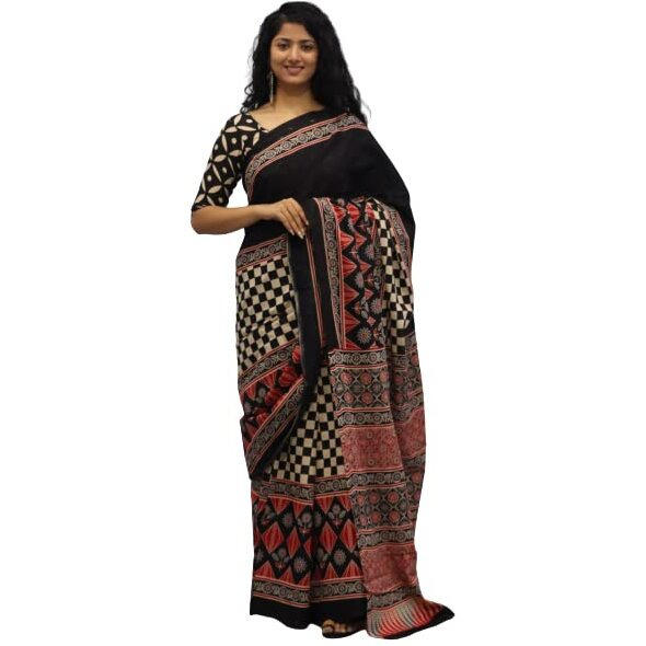 JALTHER Handicrafts Womens Ikat Hand Block Print Jaipuri Cotton Mulmul Saree with Blouse Piece - Black_450