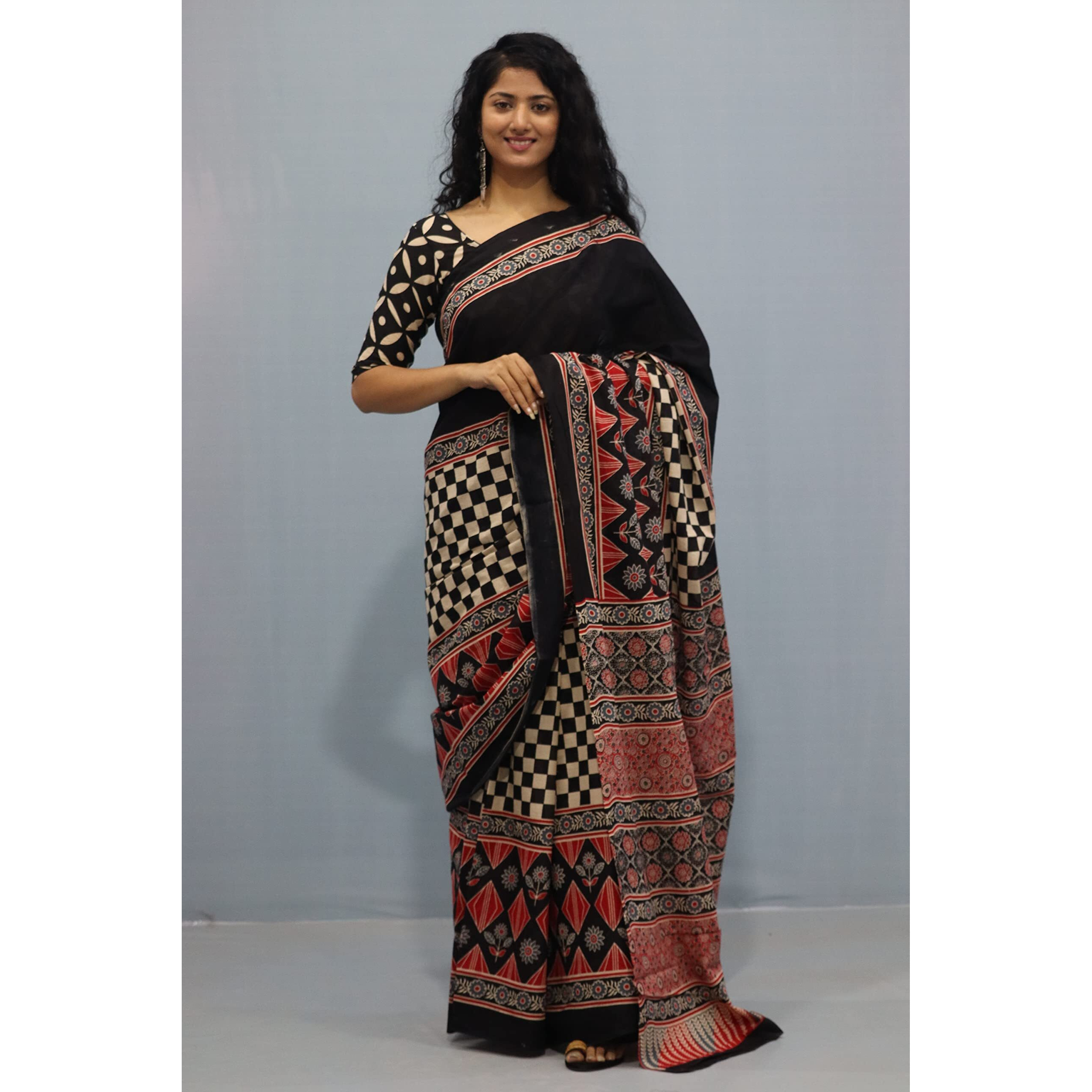 JALTHER Handicrafts Womens Ikat Hand Block Print Jaipuri Cotton Mulmul Saree with Blouse Piece - Black_450