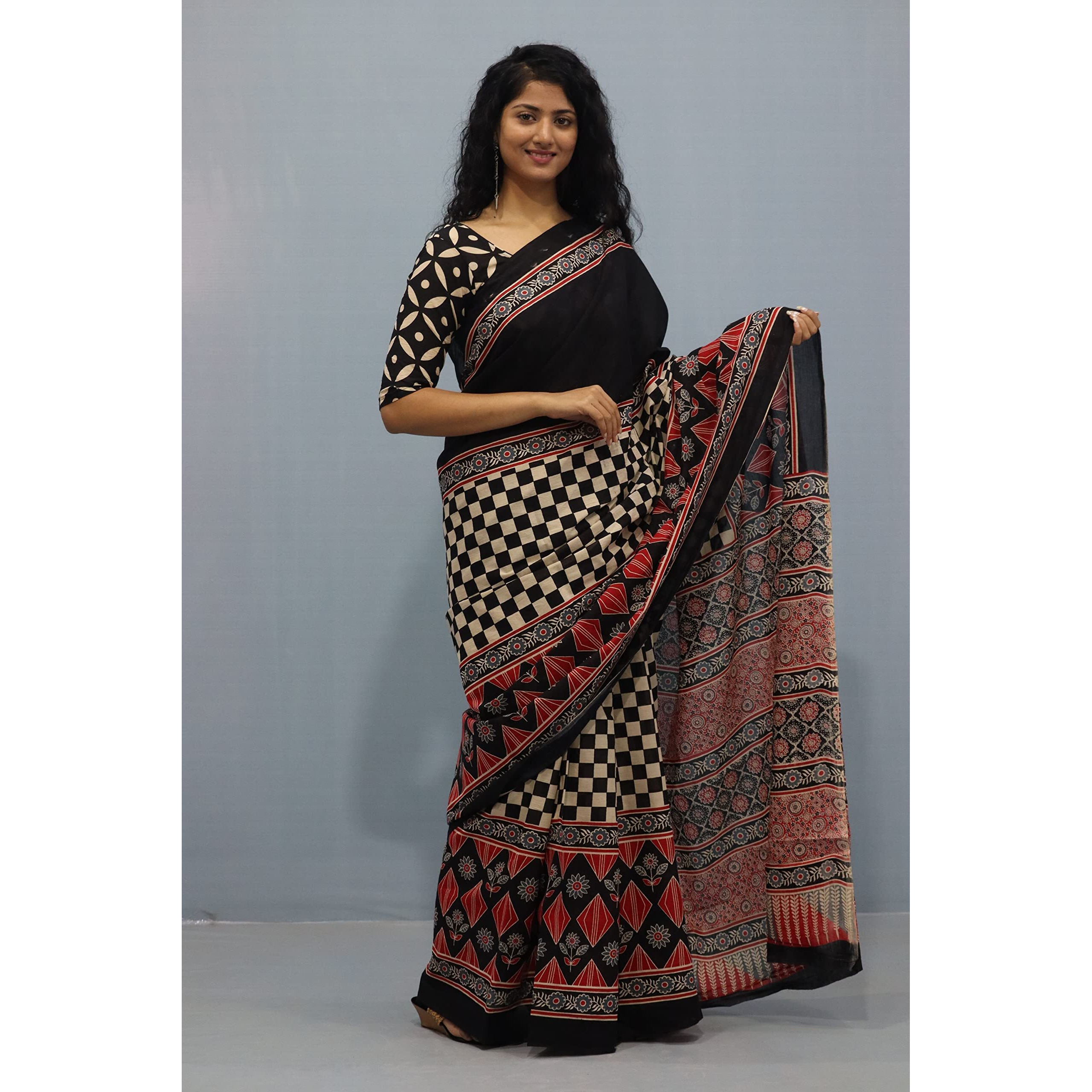 JALTHER Handicrafts Womens Ikat Hand Block Print Jaipuri Cotton Mulmul Saree with Blouse Piece - Black_450