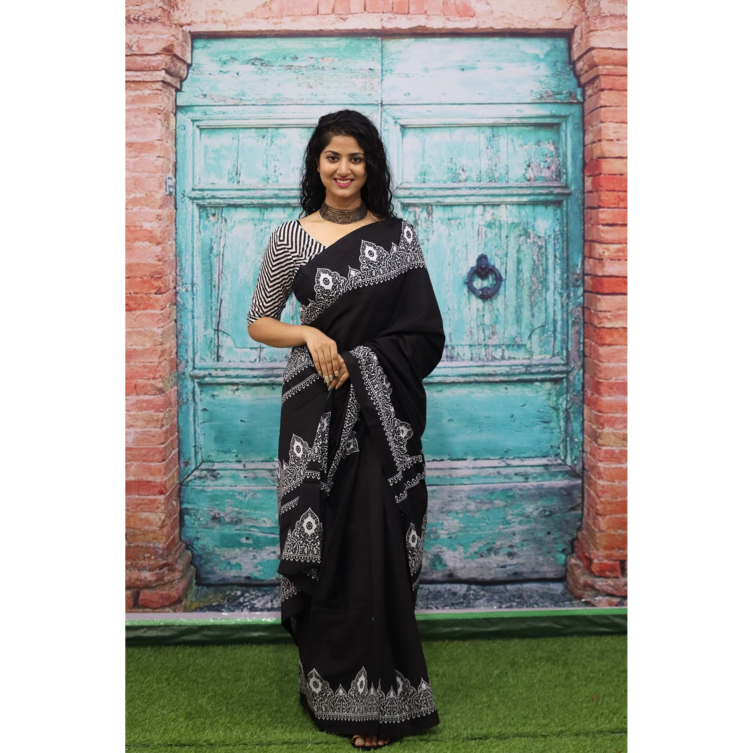 JALTHER Handicrafts Womens Ikat Hand Block Print Jaipuri Cotton Mulmul Saree with Blouse Piece - Black_88