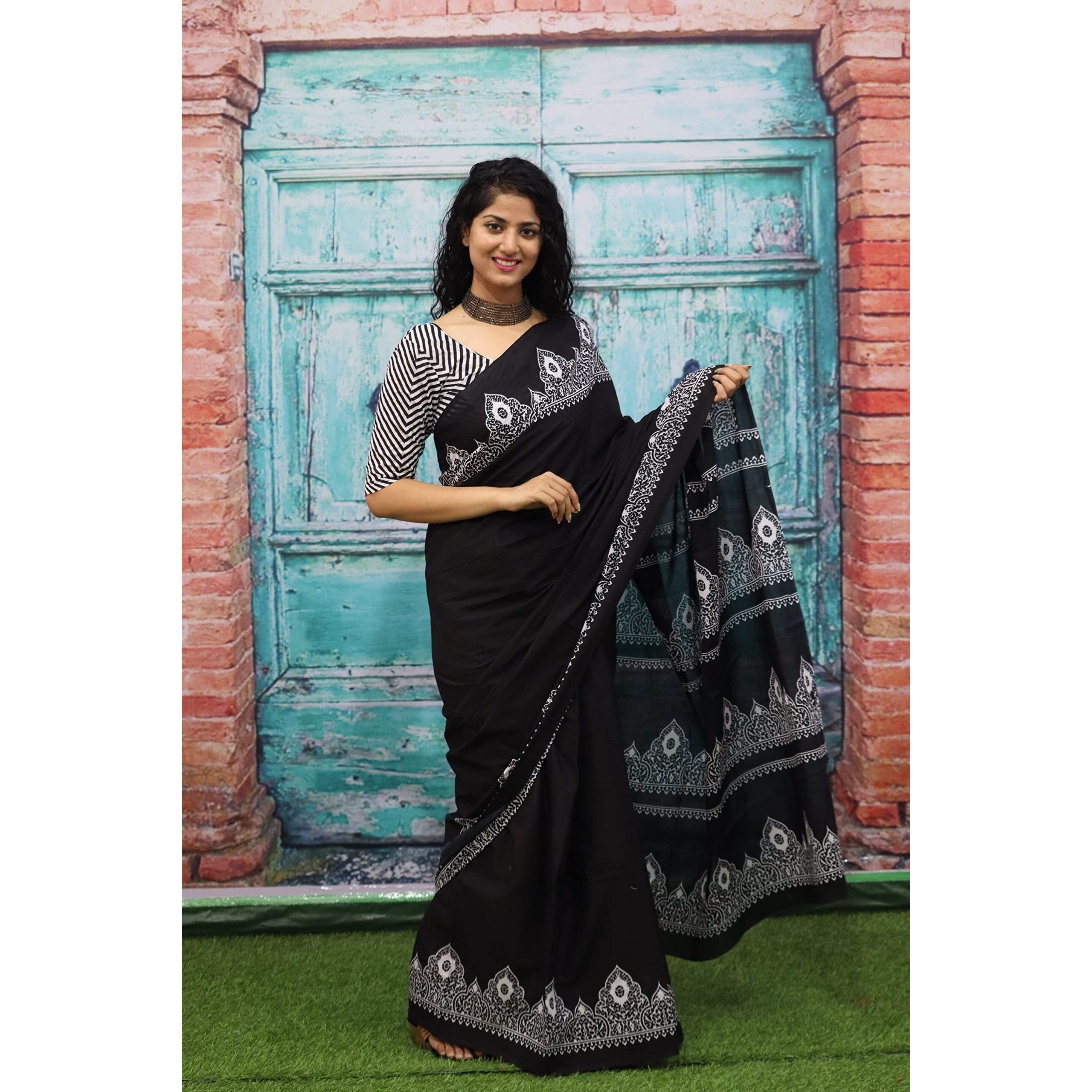 JALTHER Handicrafts Womens Ikat Hand Block Print Jaipuri Cotton Mulmul Saree with Blouse Piece - Black_88