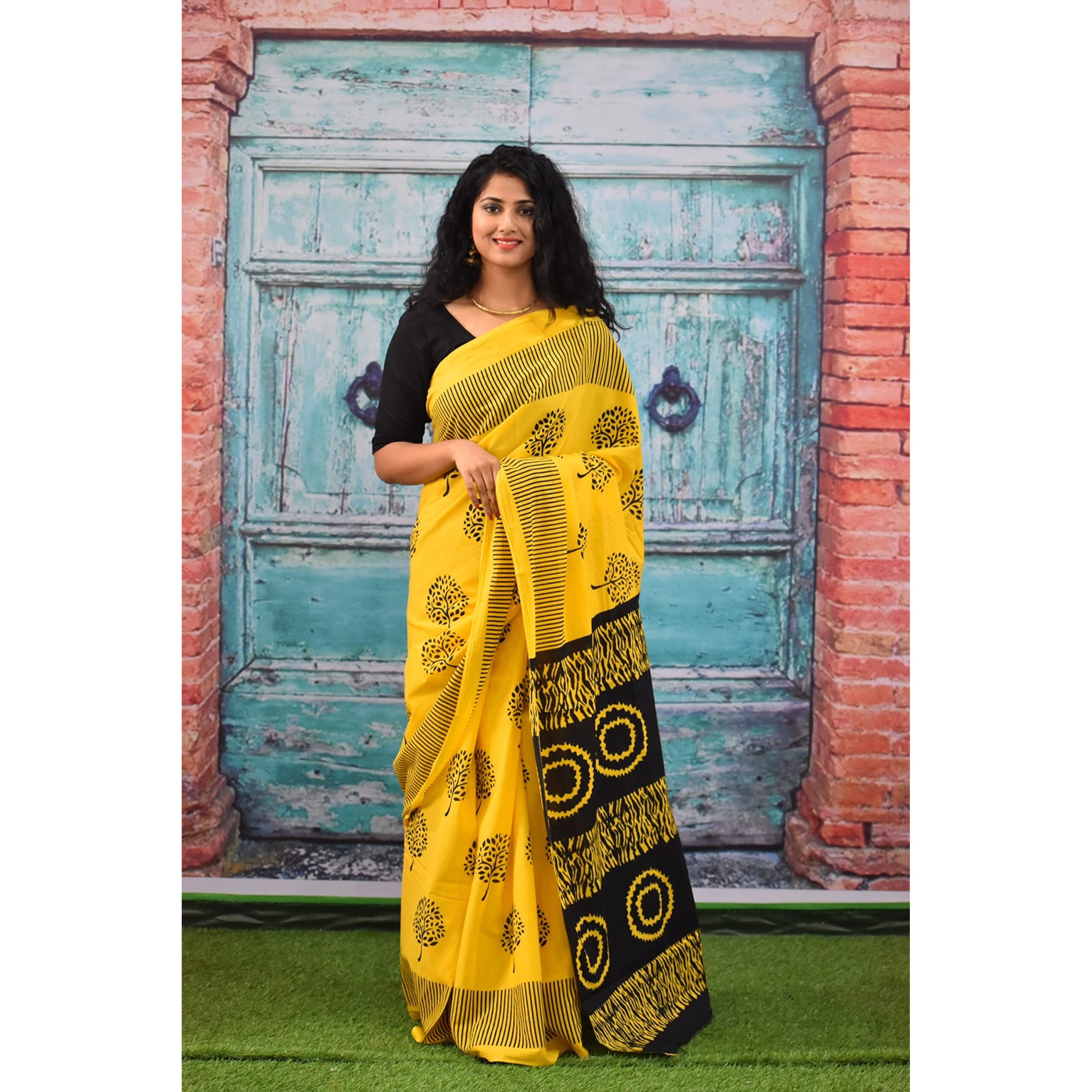 JALTHER Handicrafts Womens Ikat Hand Block Print Jaipuri Cotton Mulmul Saree with Blouse Piece - Yellow_96