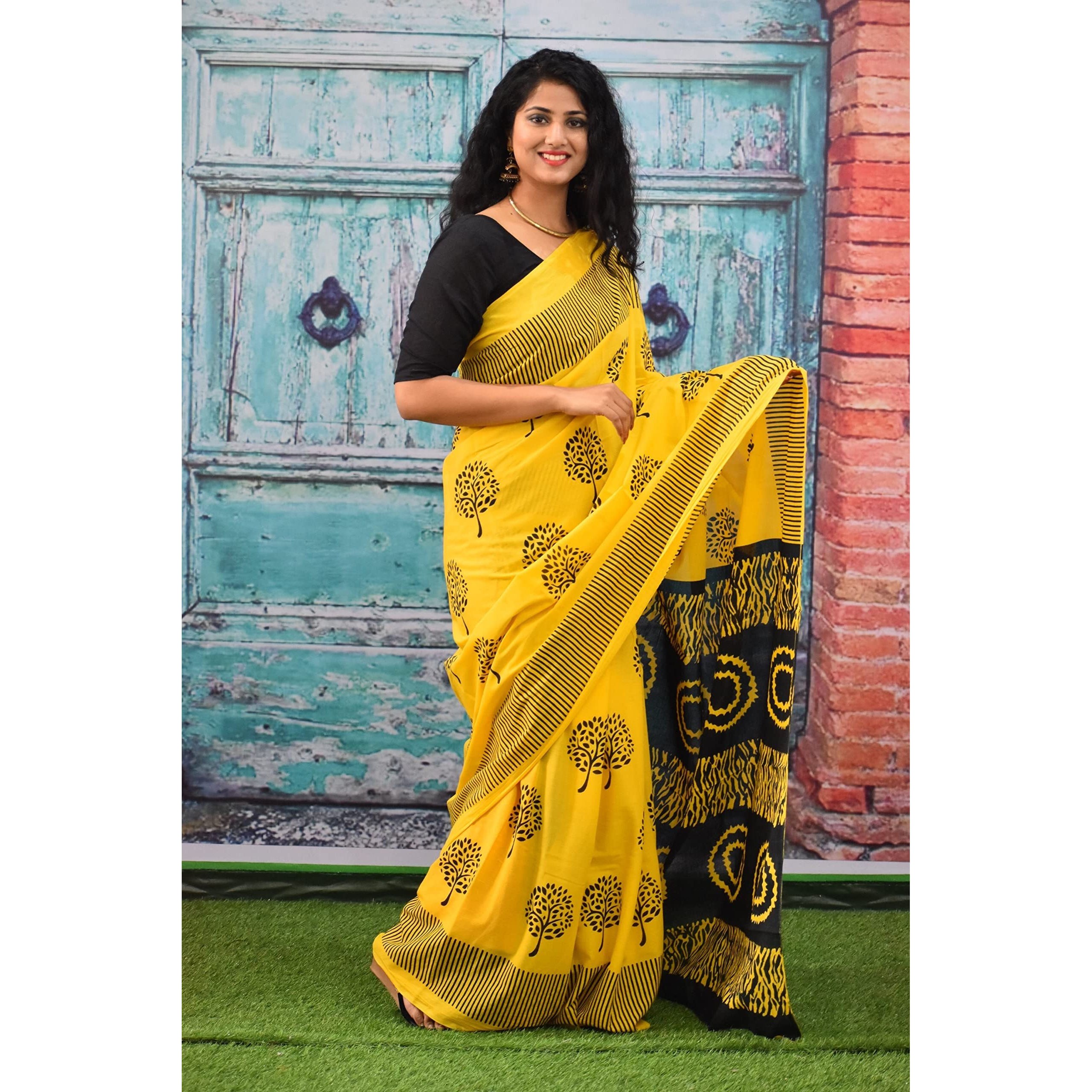 JALTHER Handicrafts Womens Ikat Hand Block Print Jaipuri Cotton Mulmul Saree with Blouse Piece - Yellow_96