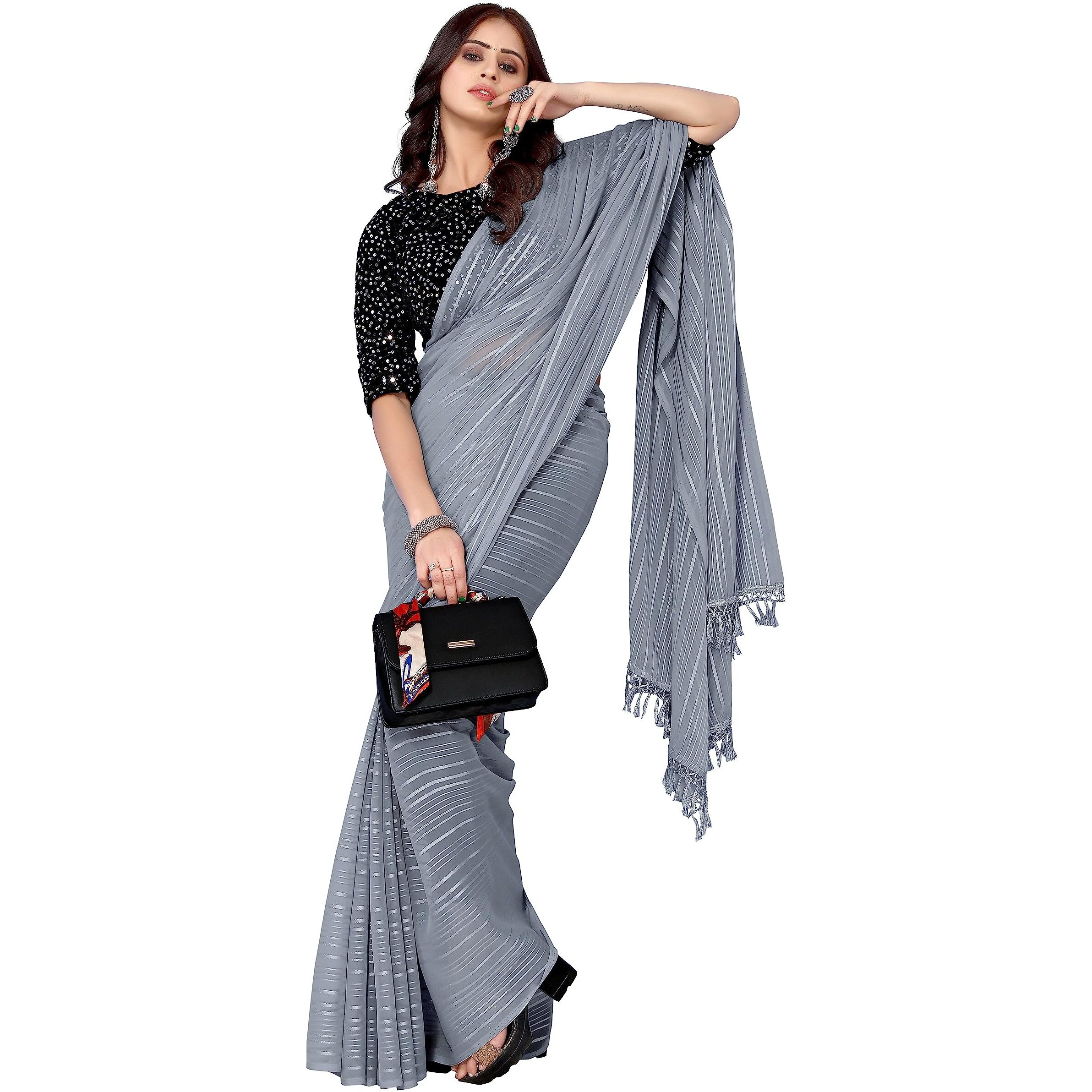 Yashika Womens Georegtte With Jari Printed Grey Color Saree With Blouse Piece(RIVA GREY)