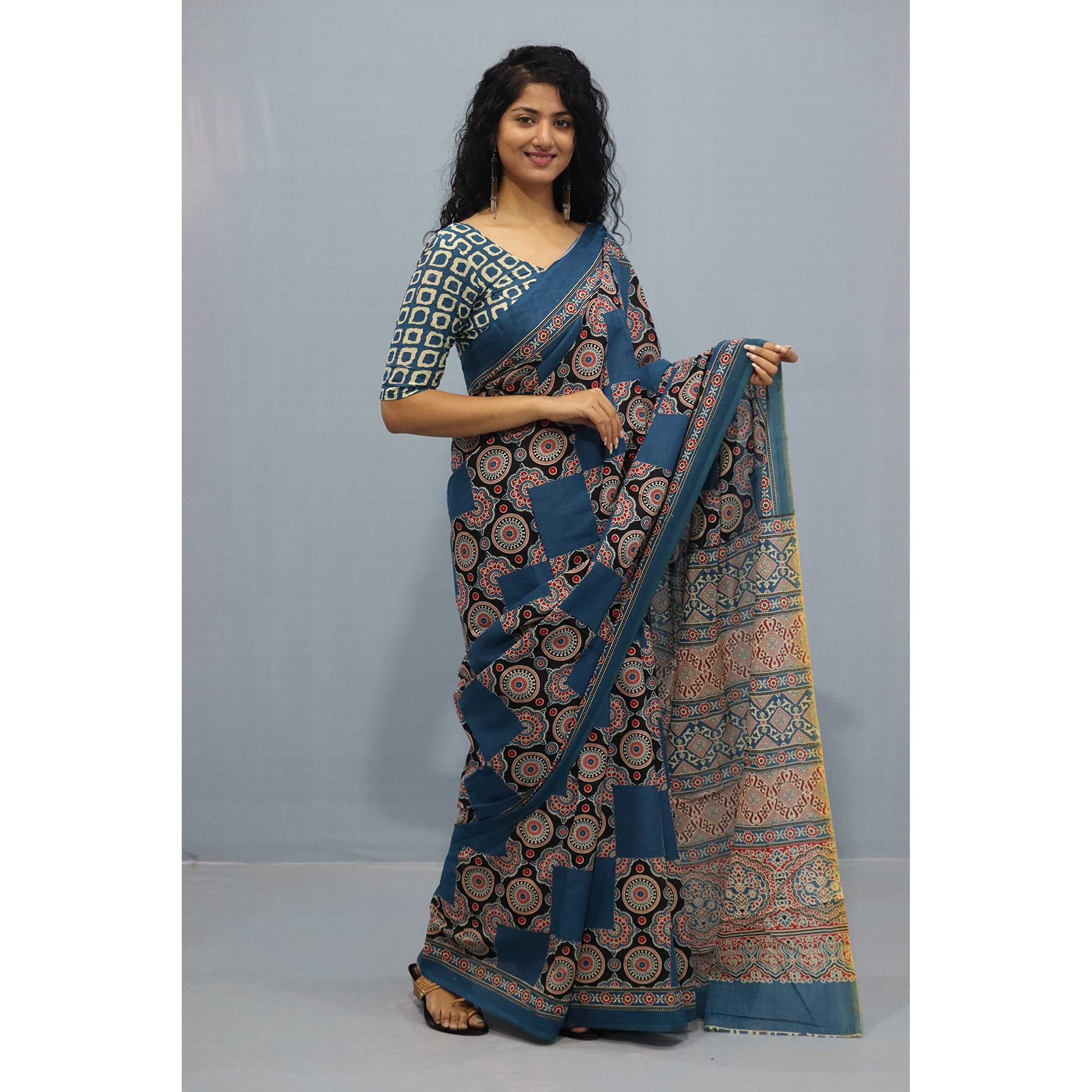 JALTHER Handicrafts Womens Ikat Hand Block Print Jaipuri Cotton Mulmul Saree with Blouse Piece - Multi_448
