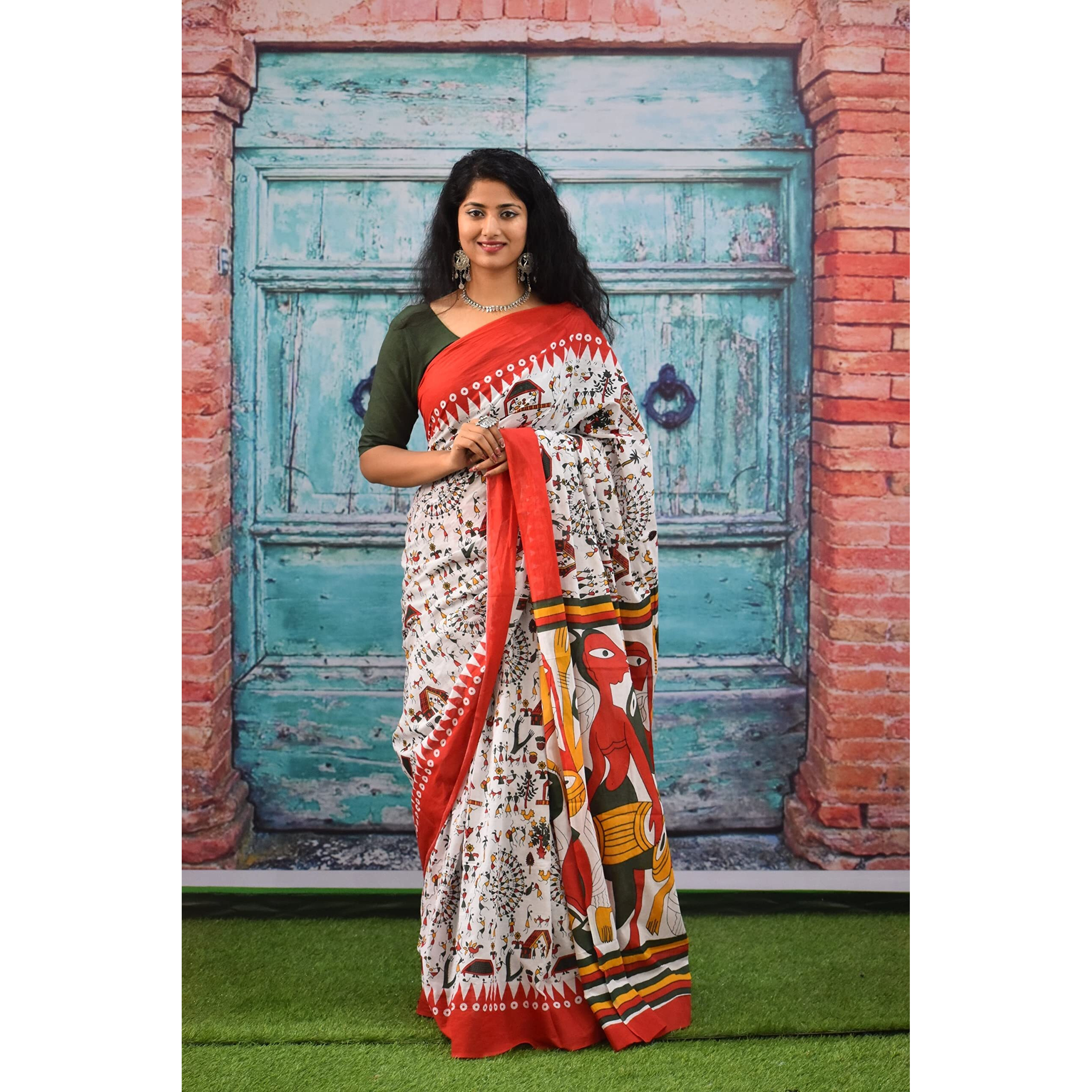 JALTHER Handicrafts Womens Ikat Hand Block Print Jaipuri Cotton Mulmul Saree with Blouse Piece - Red_164