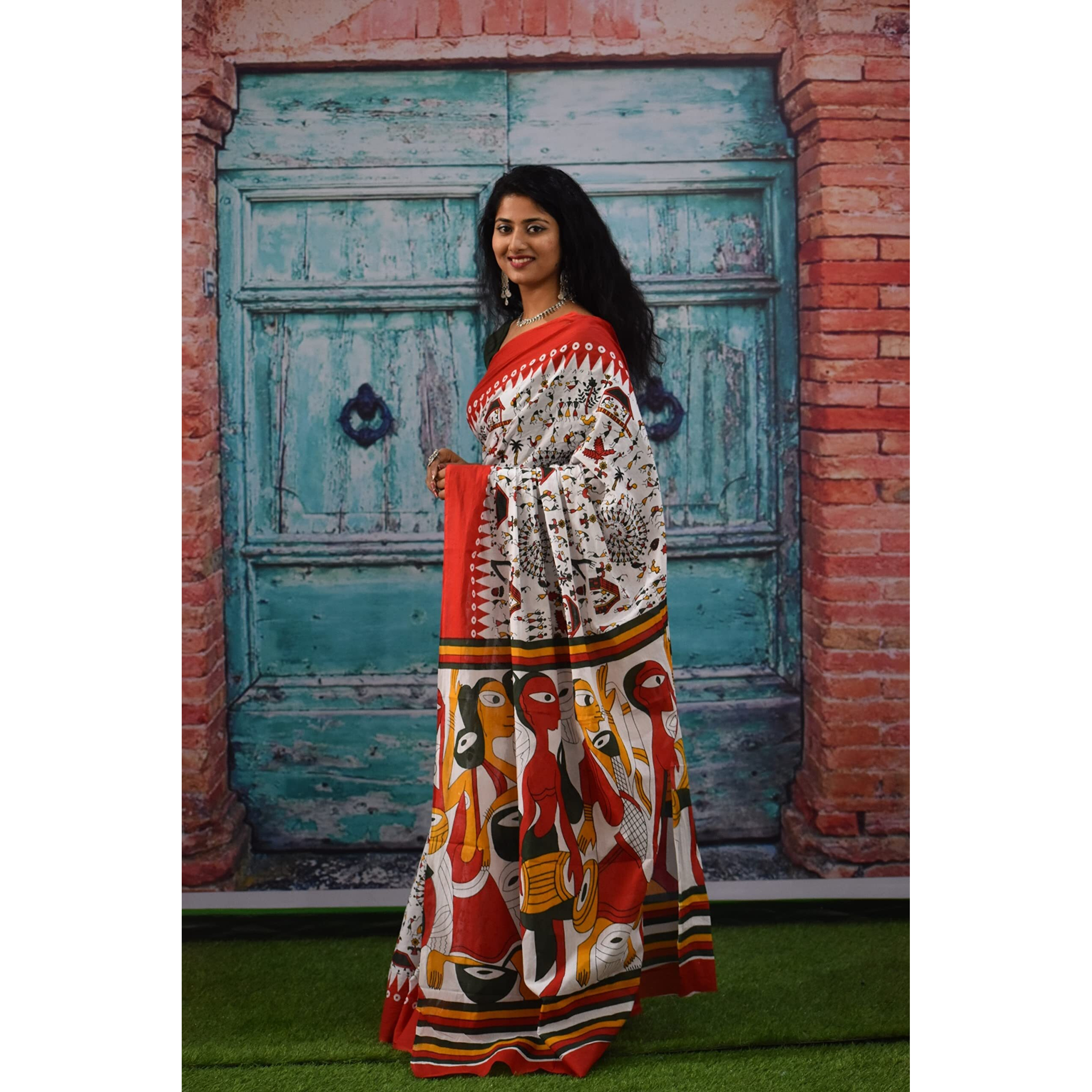 JALTHER Handicrafts Womens Ikat Hand Block Print Jaipuri Cotton Mulmul Saree with Blouse Piece - Red_164