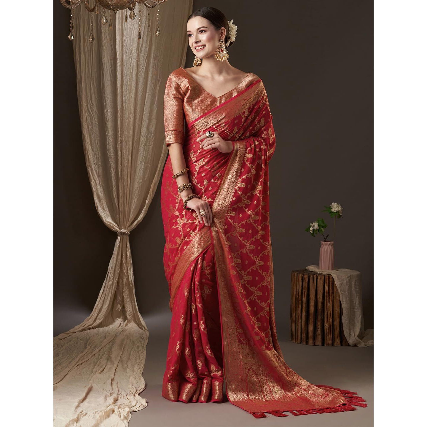 AKHILAM Womens Red Georgette Woven Design Saree with Unstitched Blouse Piece (ARYA8006_FL)