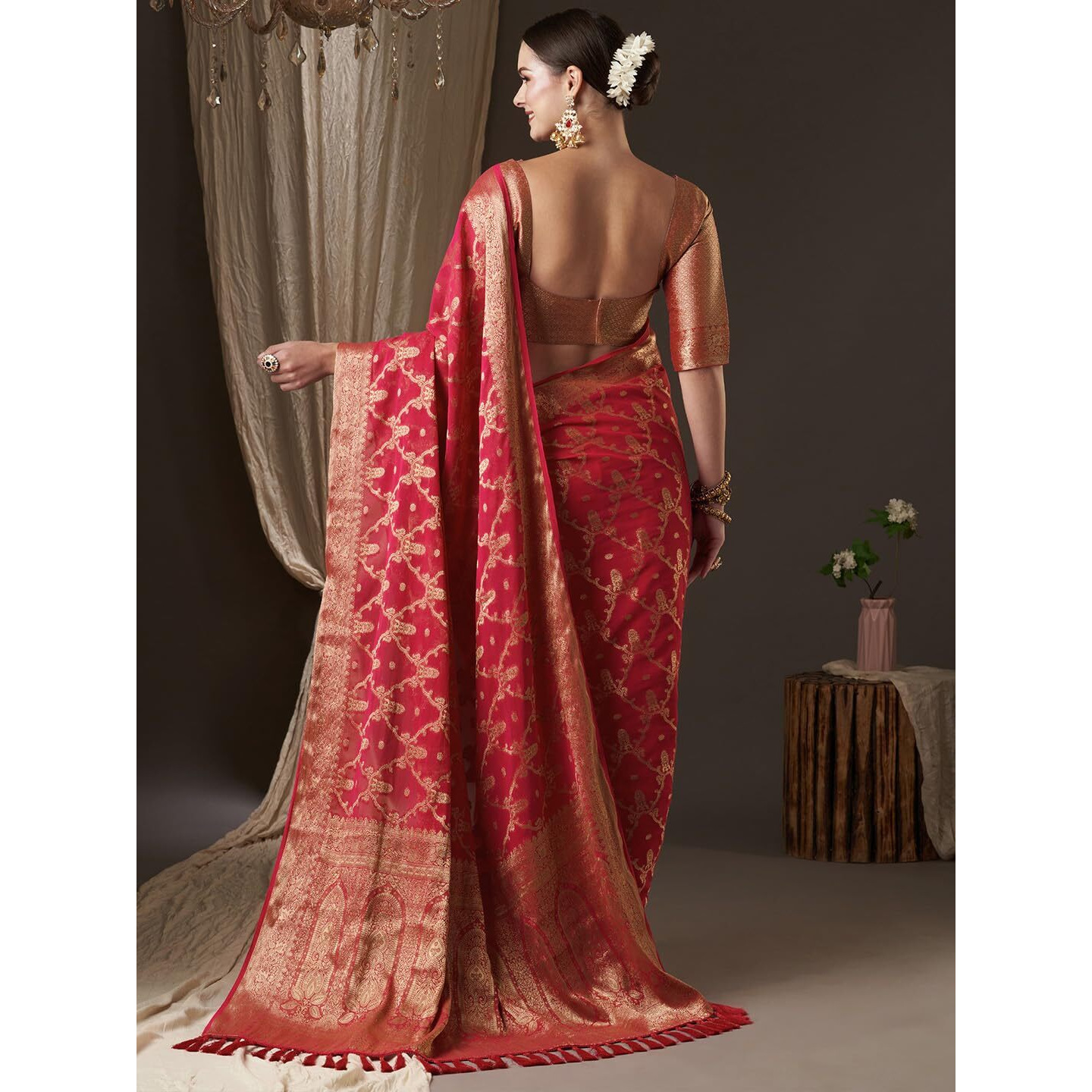AKHILAM Womens Red Georgette Woven Design Saree with Unstitched Blouse Piece (ARYA8006_FL)