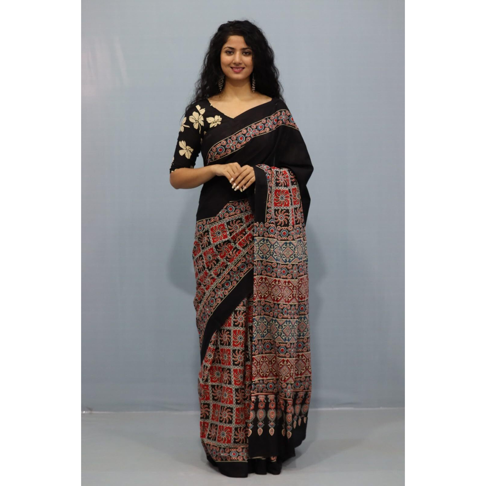 JALTHER Handicrafts Womens Ikat Hand Block Print Jaipuri Cotton Mulmul Saree with Blouse Piece - _4