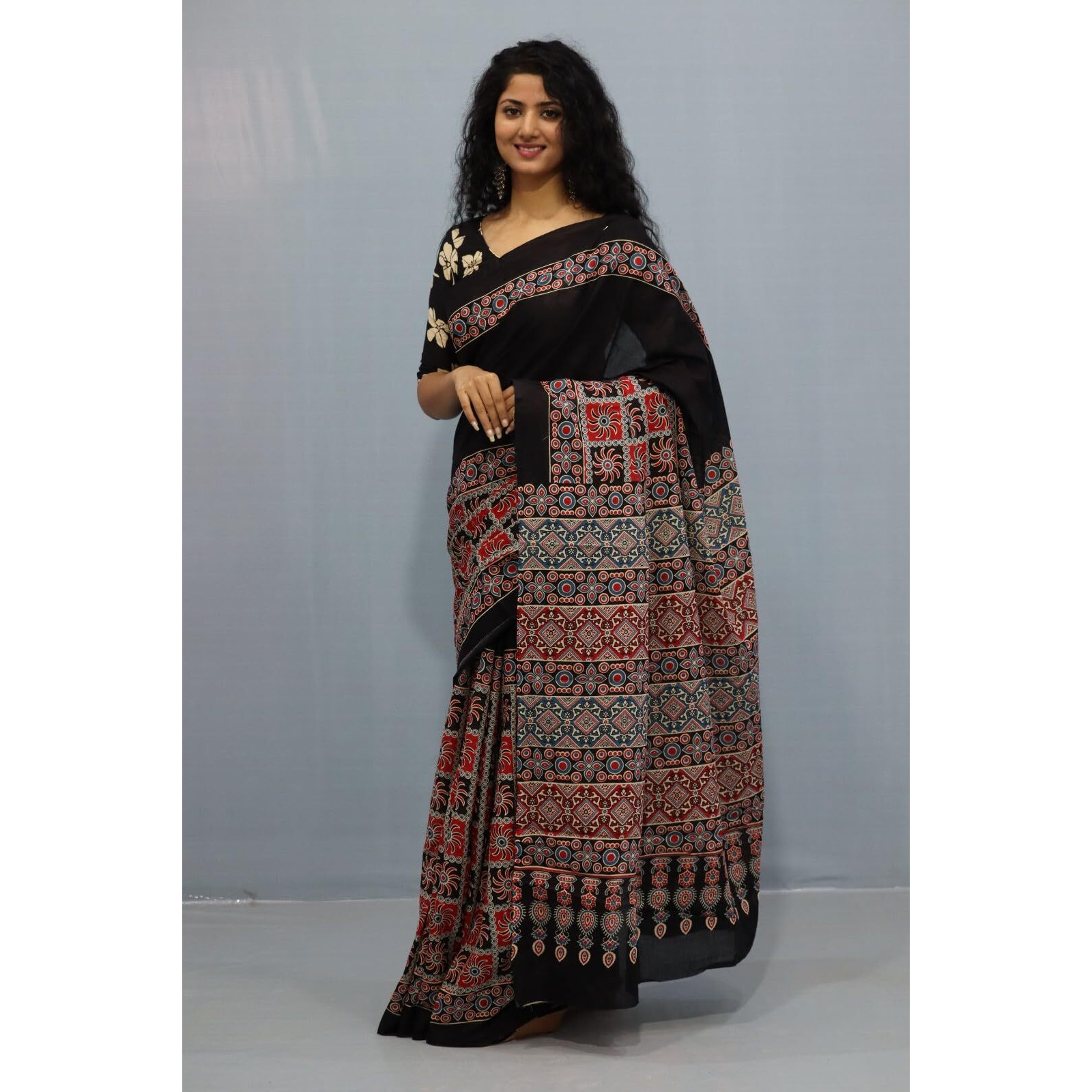 JALTHER Handicrafts Womens Ikat Hand Block Print Jaipuri Cotton Mulmul Saree with Blouse Piece - _4
