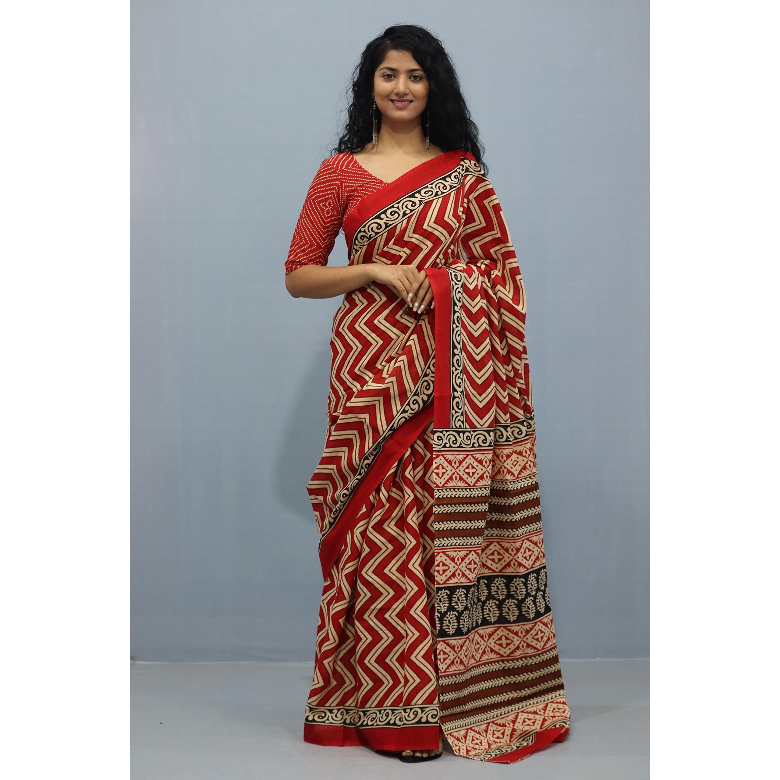 JALTHER Handicrafts Womens Ikat Hand Block Print Jaipuri Cotton Mulmul Saree with Blouse Piece - Red_455