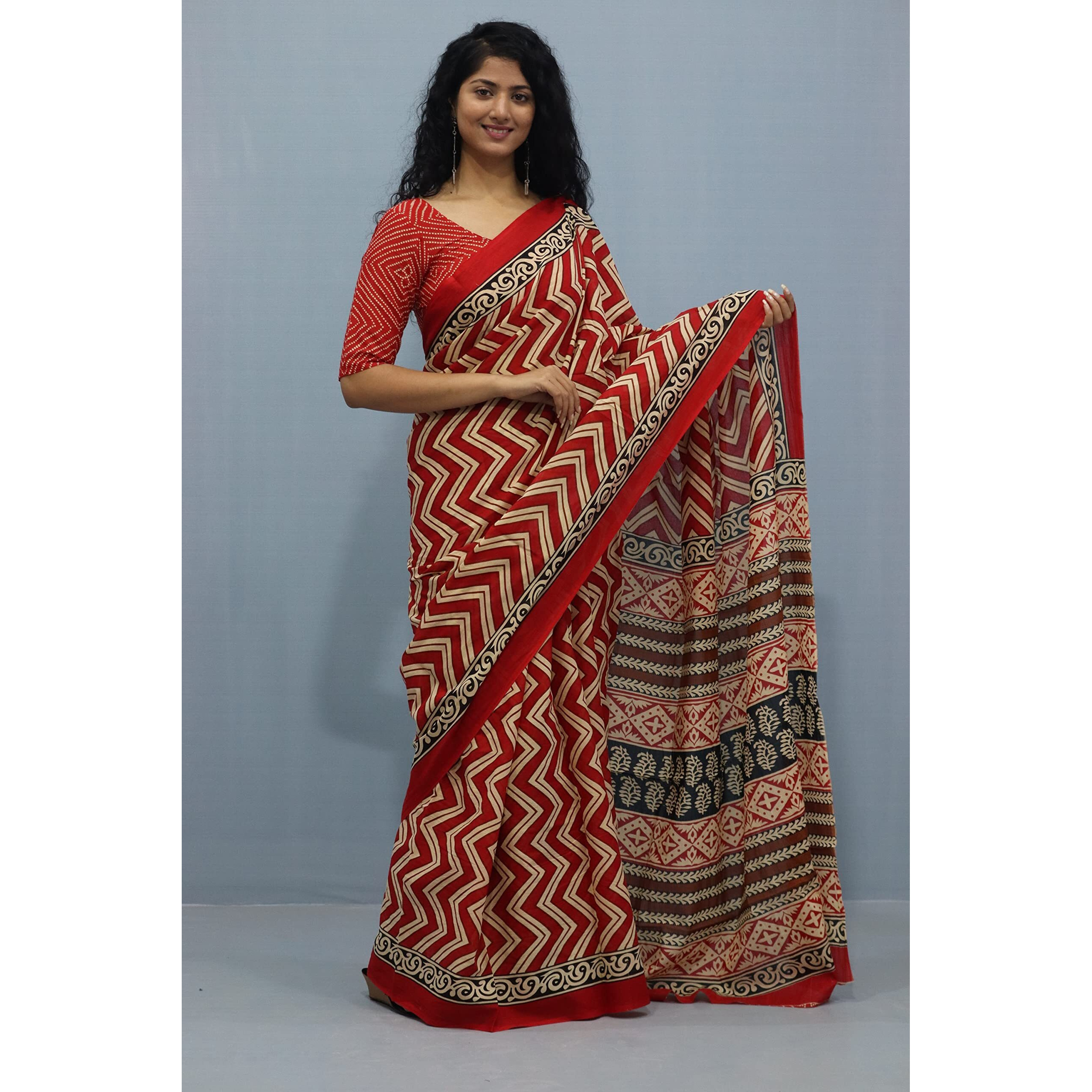 JALTHER Handicrafts Womens Ikat Hand Block Print Jaipuri Cotton Mulmul Saree with Blouse Piece - Red_455