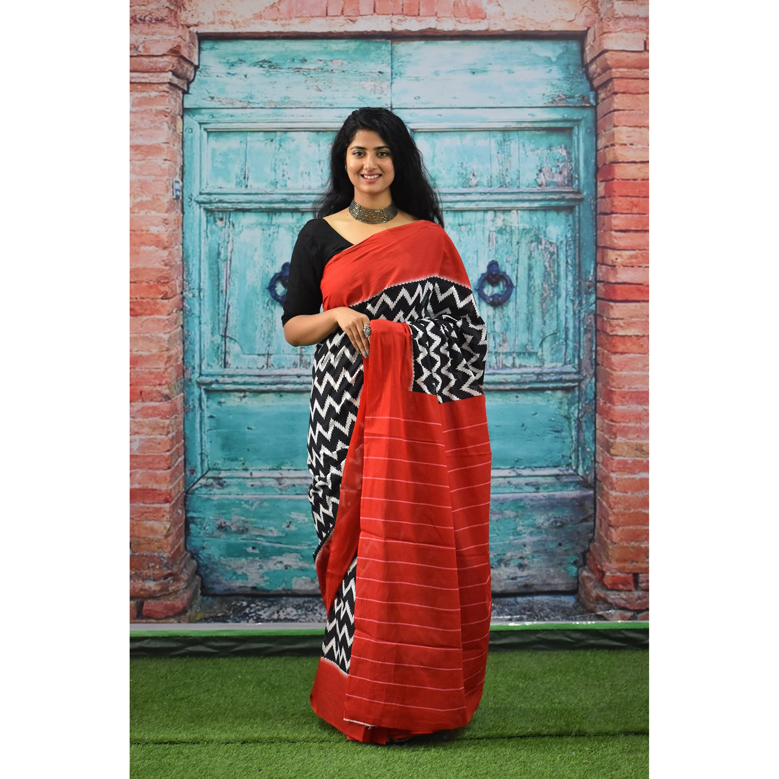 JALTHER Handicrafts Womens Ikat Hand Block Print Jaipuri Cotton Mulmul Saree with Blouse Piece - Black_38