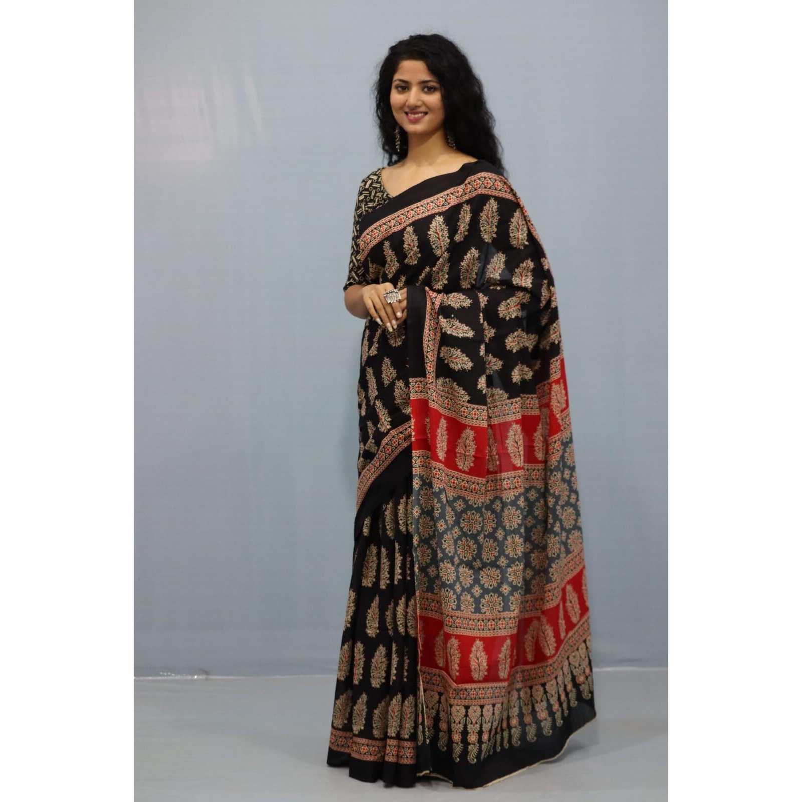 JALTHER Handicrafts Womens Ikat Hand Block Print Jaipuri Cotton Mulmul Saree with Blouse Piece - _1