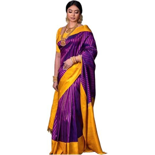 SGF11 Womens Kanjivaram Soft Lichi Silk Saree With Blouse Piece (Purple Yellow)