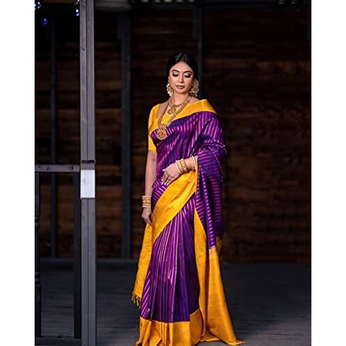 SGF11 Womens Kanjivaram Soft Lichi Silk Saree With Blouse Piece (Purple Yellow)