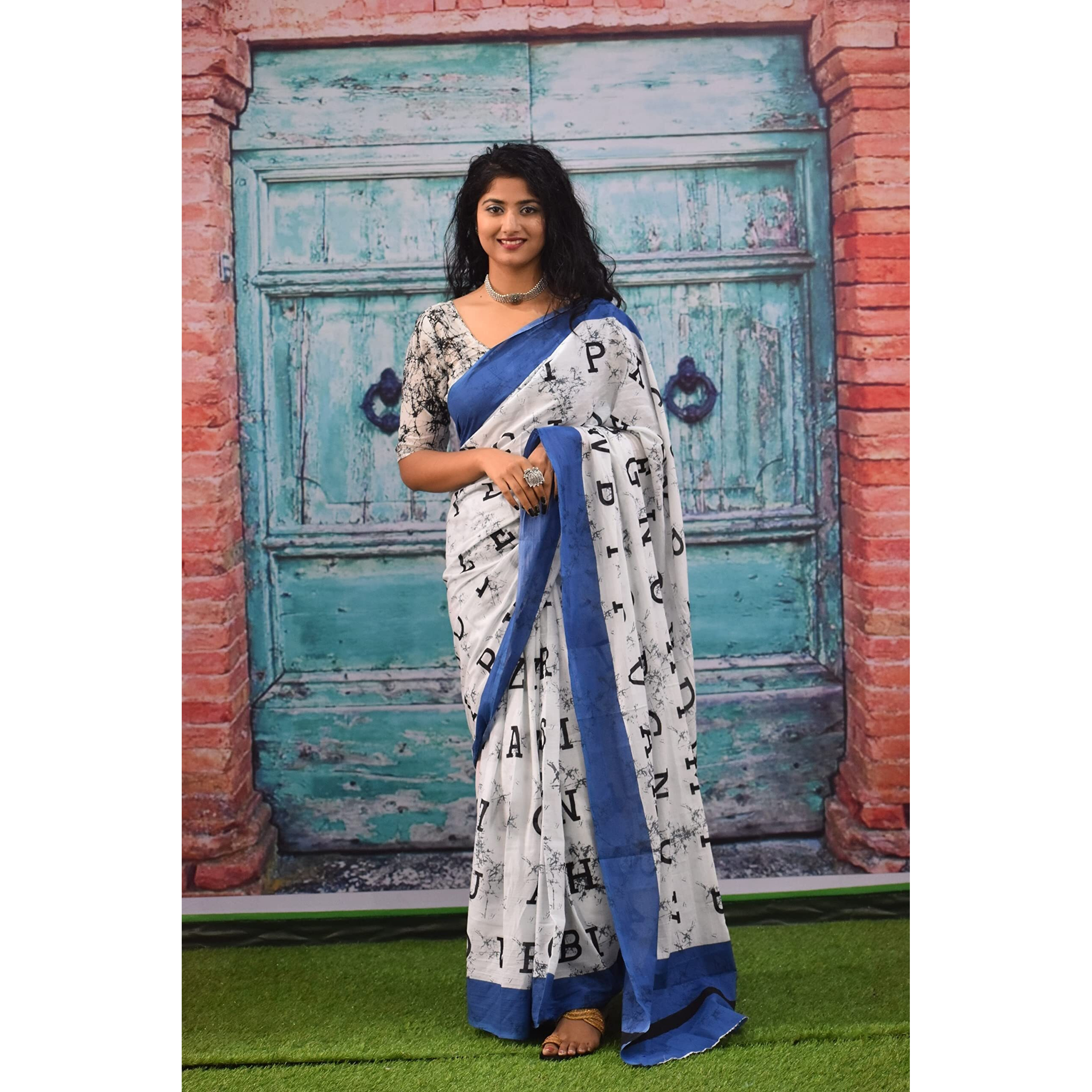 JALTHER Handicrafts Womens Ikat Hand Block Print Jaipuri Cotton Mulmul Saree with Blouse Piece - Blue_228