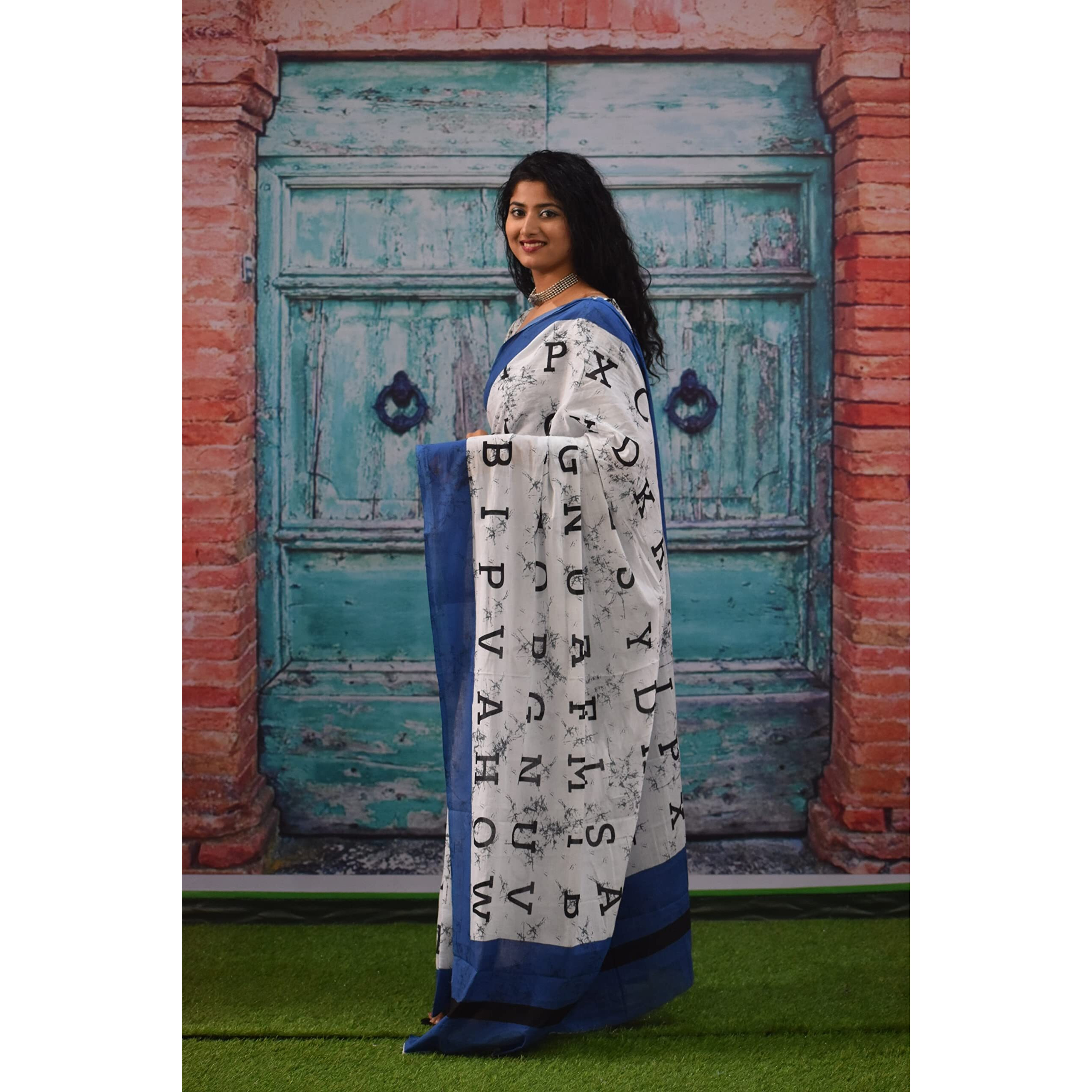 JALTHER Handicrafts Womens Ikat Hand Block Print Jaipuri Cotton Mulmul Saree with Blouse Piece - Blue_228