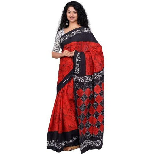 JALTHER Handicrafts Womens Ikat Hand Block Print Jaipuri Cotton Mulmul Saree with Blouse Piece - Red_35