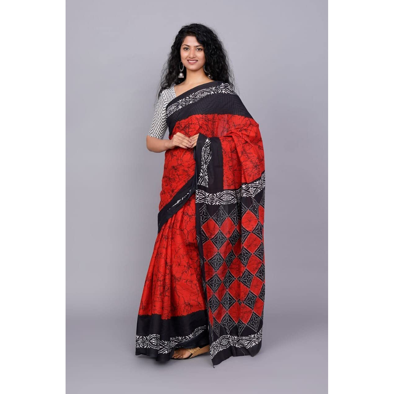 JALTHER Handicrafts Womens Ikat Hand Block Print Jaipuri Cotton Mulmul Saree with Blouse Piece - Red_35