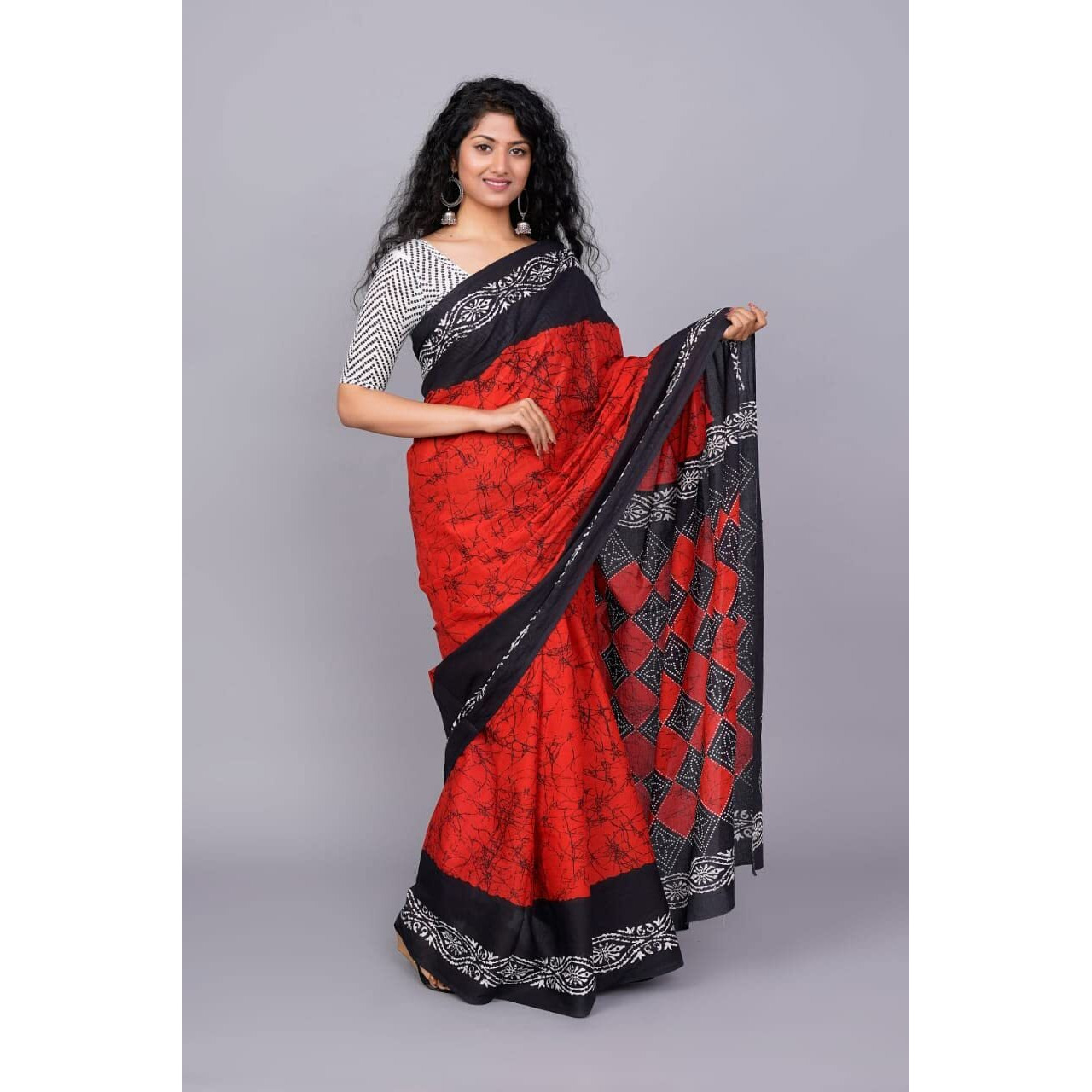 JALTHER Handicrafts Womens Ikat Hand Block Print Jaipuri Cotton Mulmul Saree with Blouse Piece - Red_35