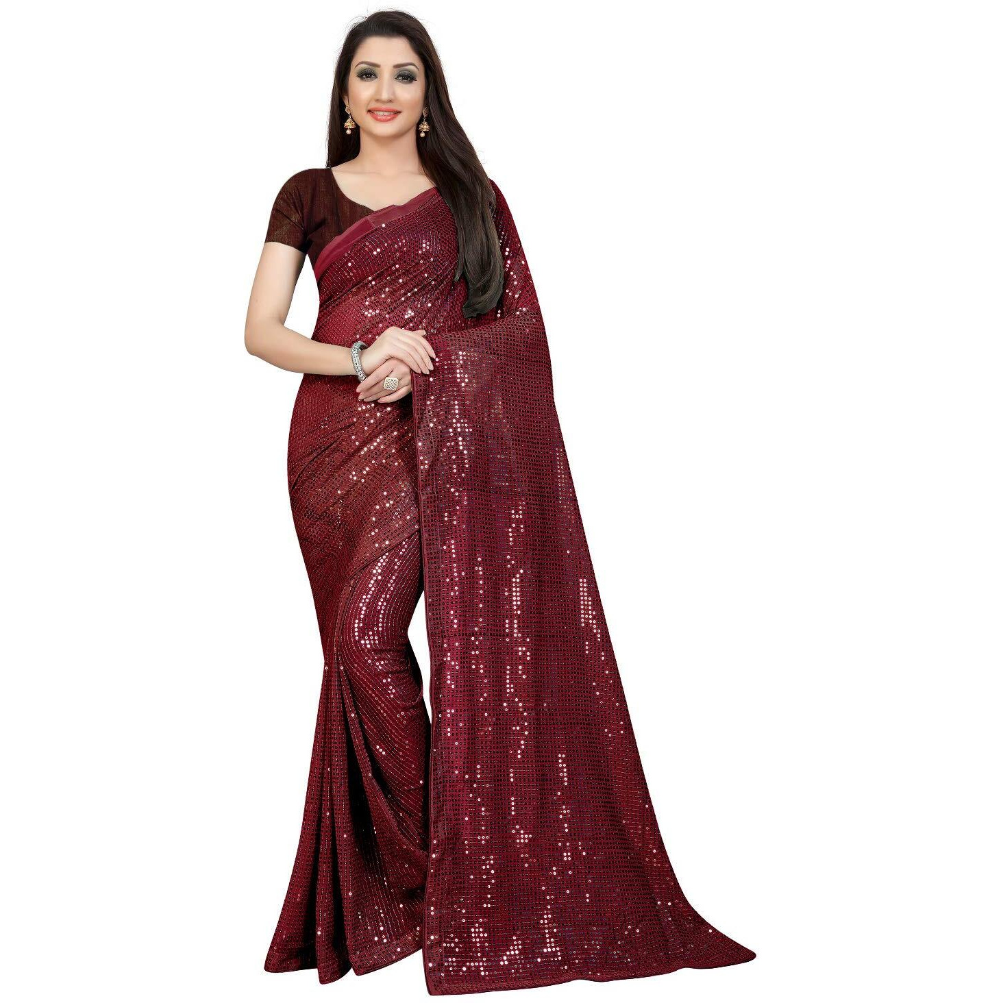 Florely Womens Pure Georgette sequence saree with unstiched blouse piece(Free size) (Marron)