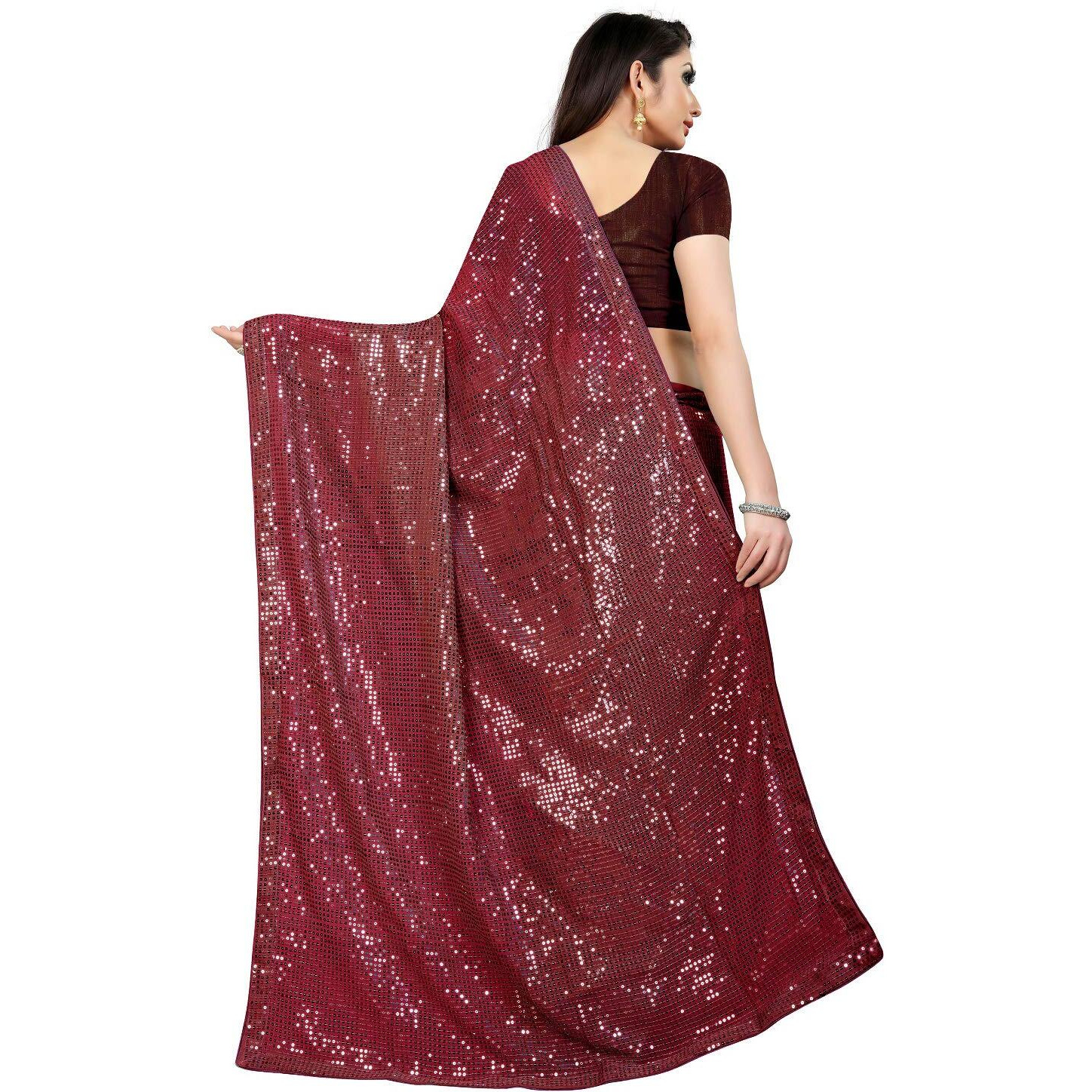 Florely Womens Pure Georgette sequence saree with unstiched blouse piece(Free size) (Marron)