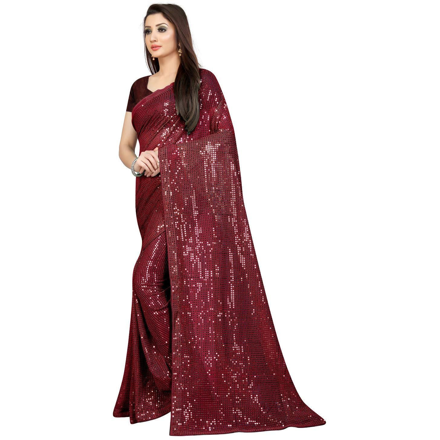 Florely Womens Pure Georgette sequence saree with unstiched blouse piece(Free size) (Marron)