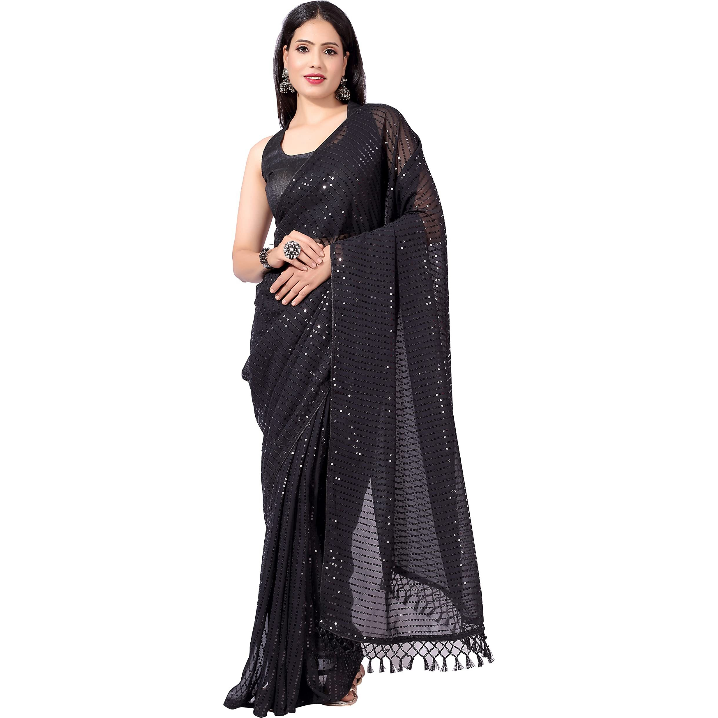 Shiv Textiles Womens Georgette Sequence Ready To Wear One Minute Saree for women With Unstitched Blouse. (Black)