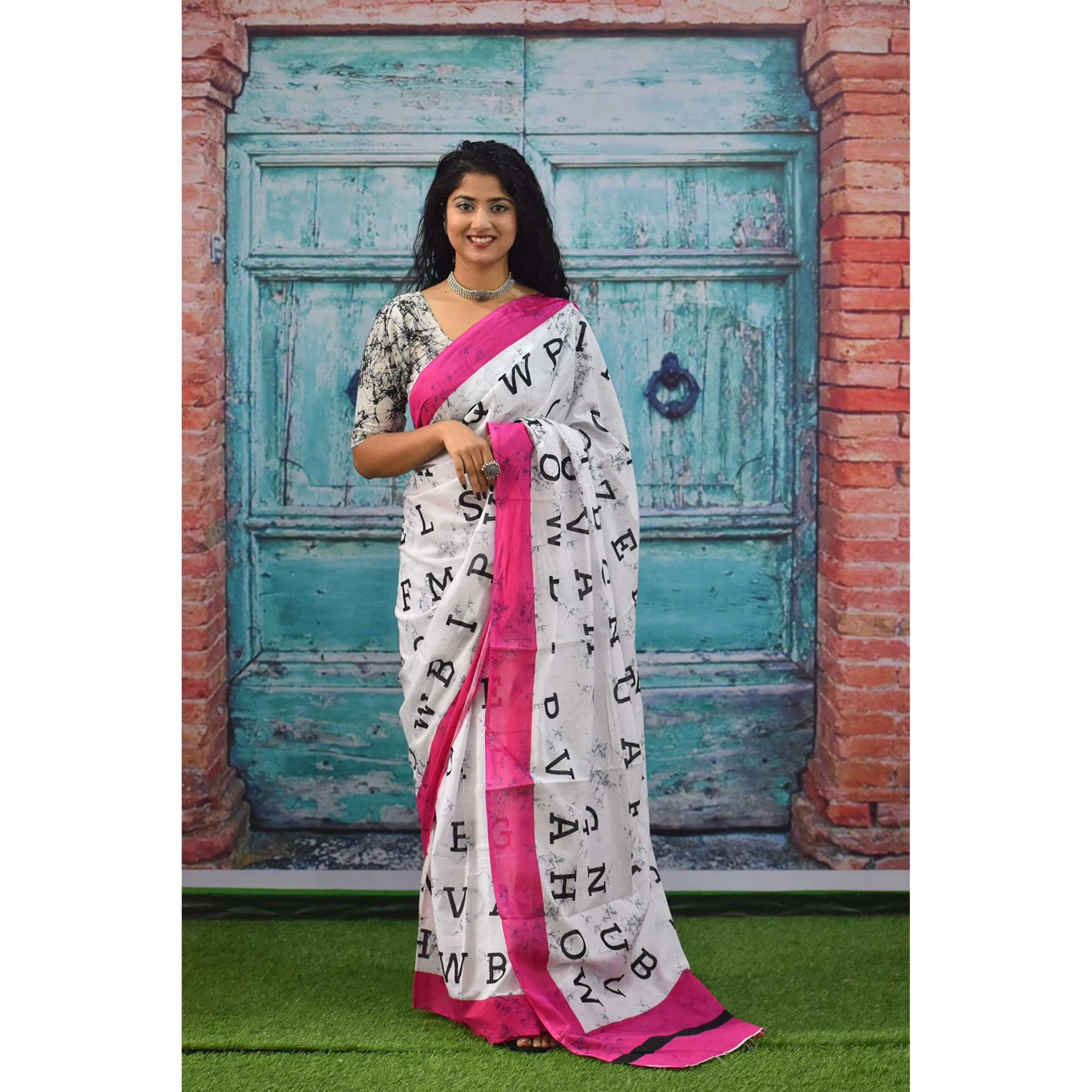 JALTHER Handicrafts Womens Ikat Hand Block Print Jaipuri Cotton Mulmul Saree with Blouse Piece - Pink_224