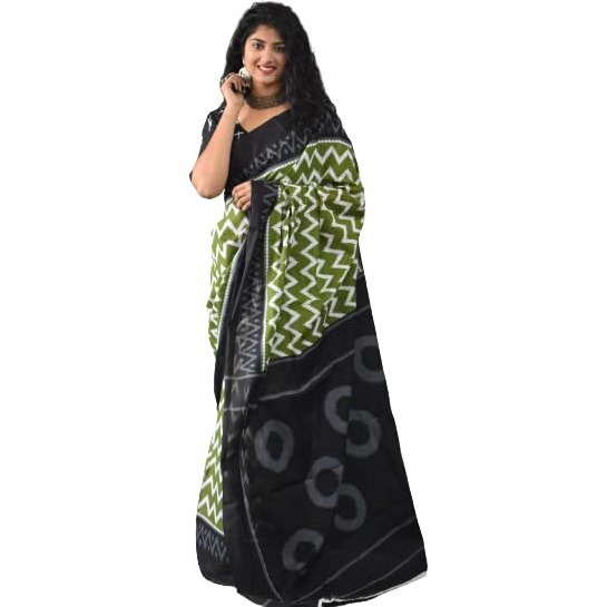 JALTHER Handicrafts Womens Ikat Hand Block Print Jaipuri Cotton Mulmul Saree with Blouse Piece - Green_34