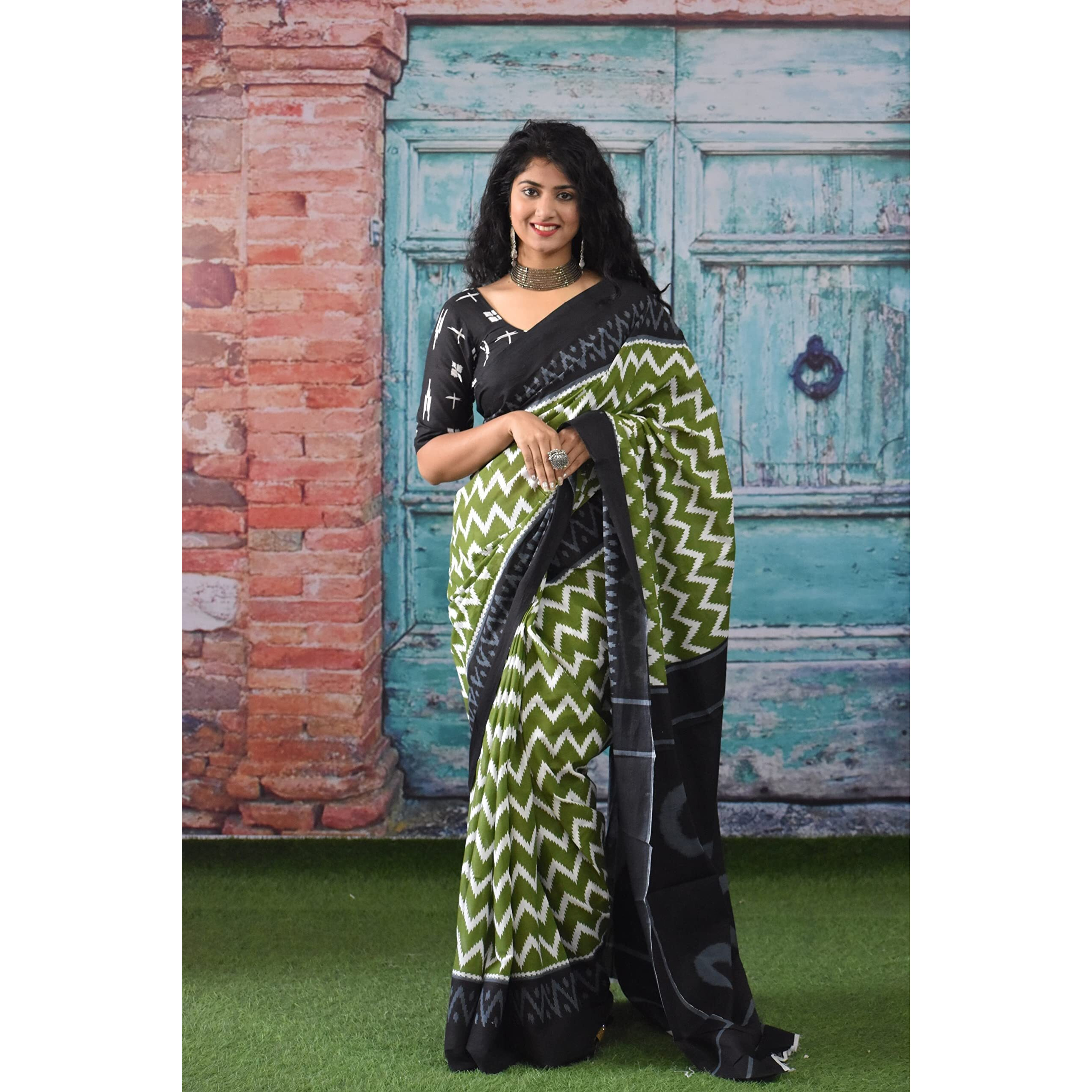 JALTHER Handicrafts Womens Ikat Hand Block Print Jaipuri Cotton Mulmul Saree with Blouse Piece - Green_34
