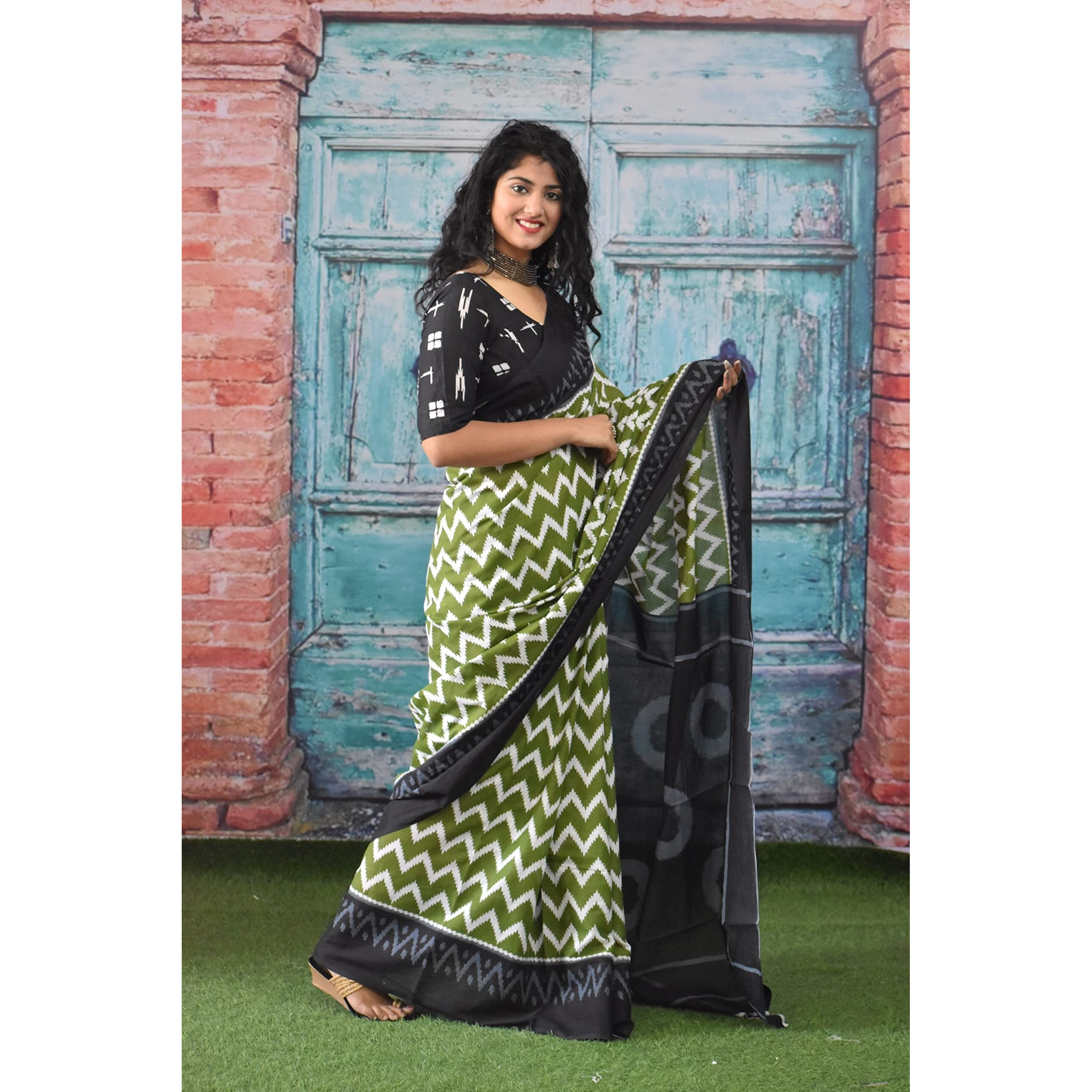 JALTHER Handicrafts Womens Ikat Hand Block Print Jaipuri Cotton Mulmul Saree with Blouse Piece - Green_34